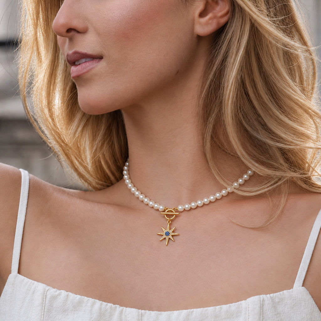 Gold-Plated Blue Starburst Pearl-Bead Necklace