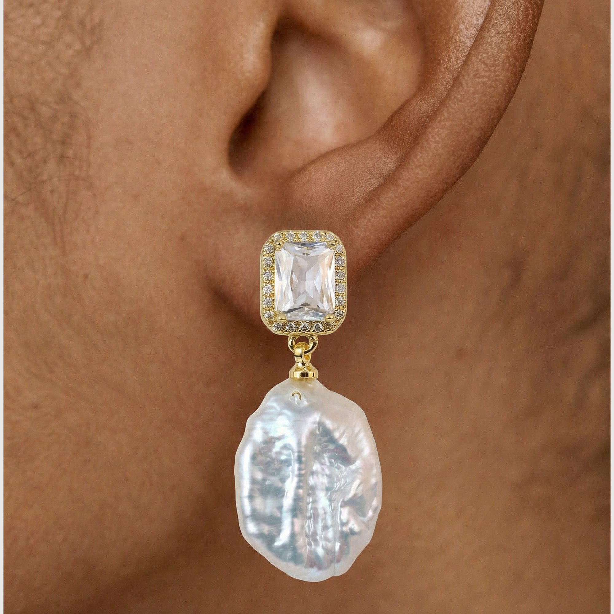 Rectangular Halo Pearl Drop Earrings