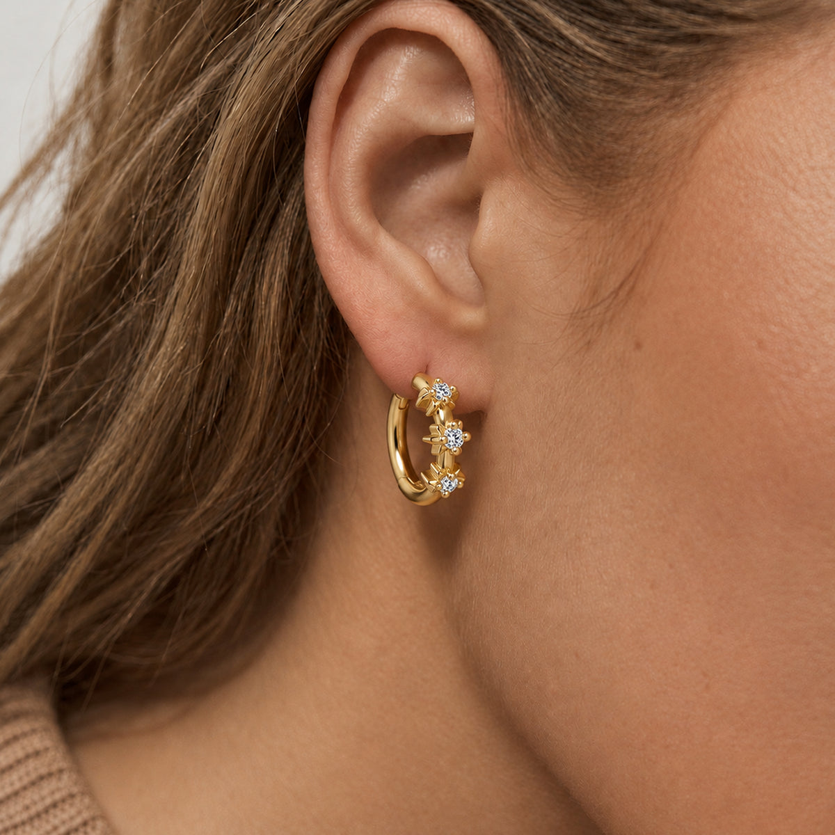 Triple Zircon Floral Huggie Hoop Earrings