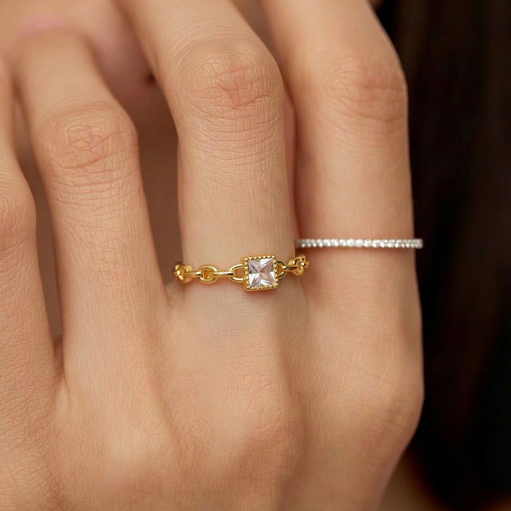 Square Zircon Chain-Link S925 Adjustable Ring