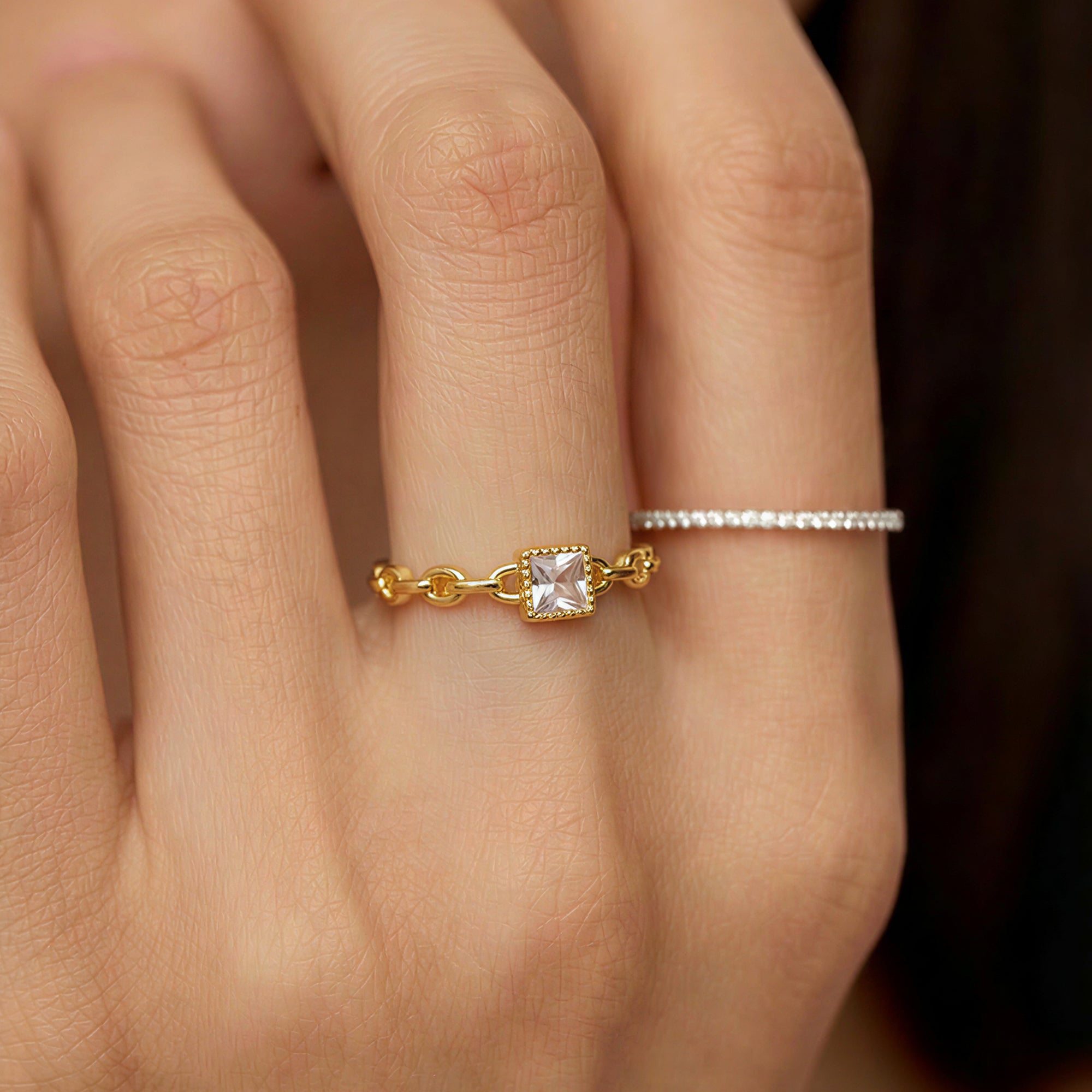 Square Zircon Chain-Link S925 Adjustable Ring