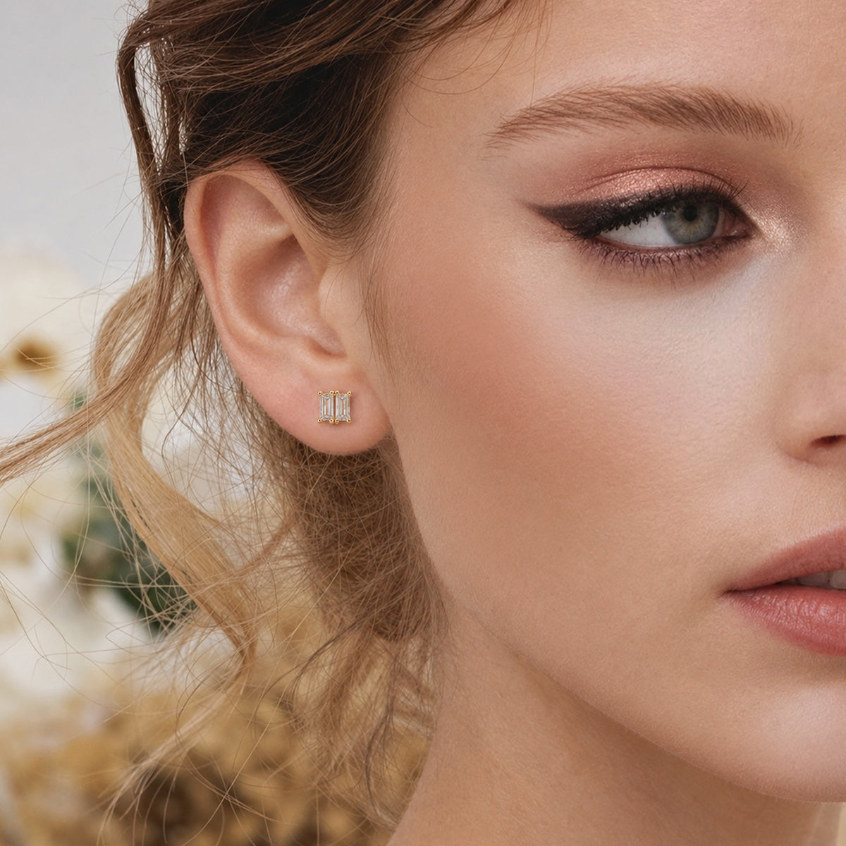Gold-Plated S925 Triple Baguette 5A Zircon Stud Earrings