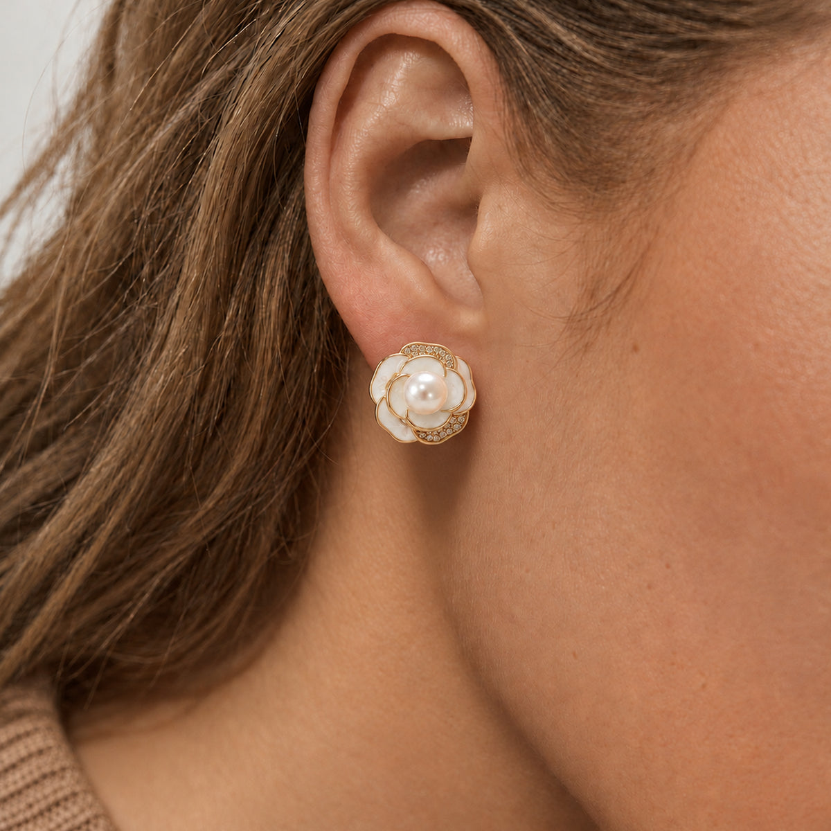 Gold-Plated Pearl Floral Stud Earrings