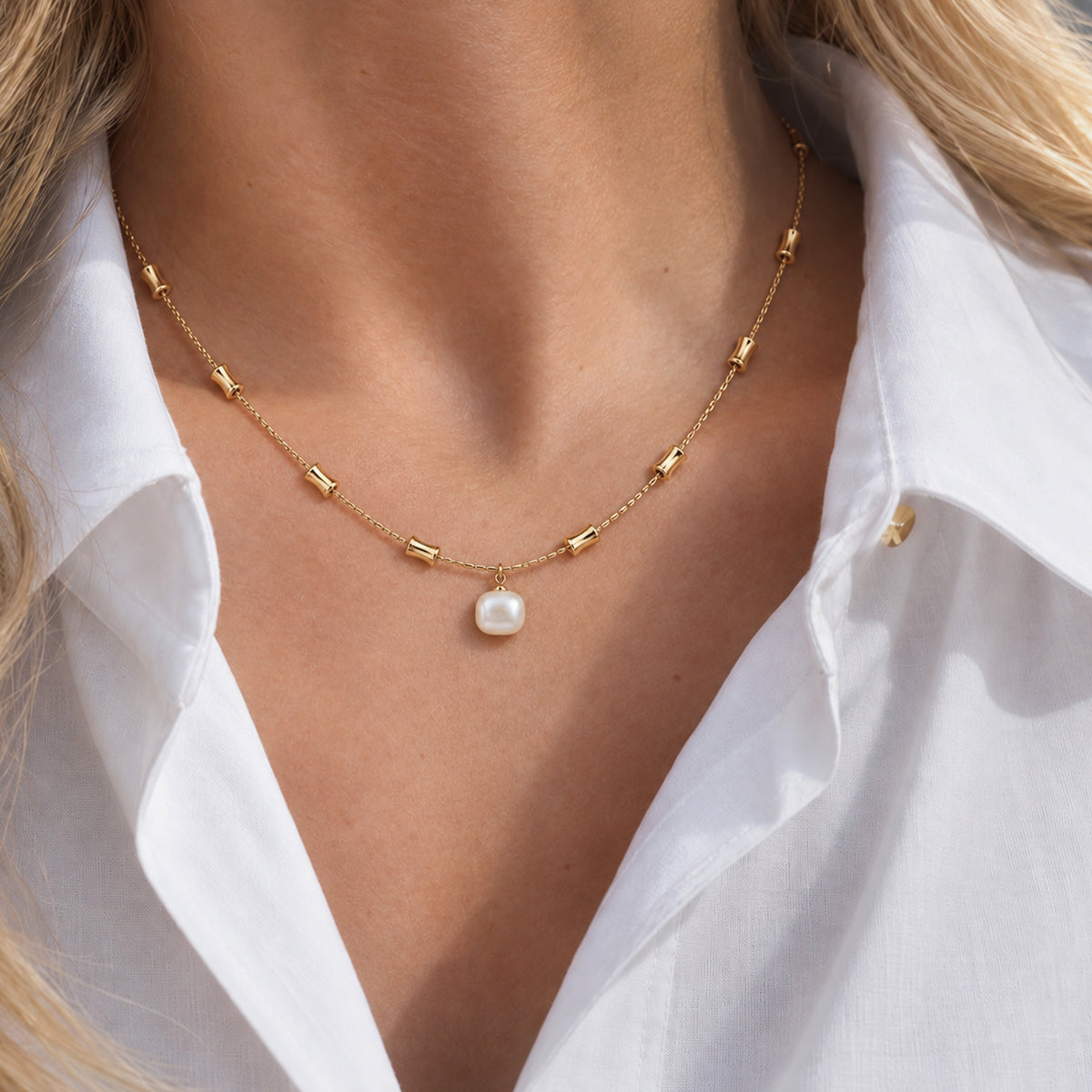Gold-Plated Square Pearl-Style Necklace