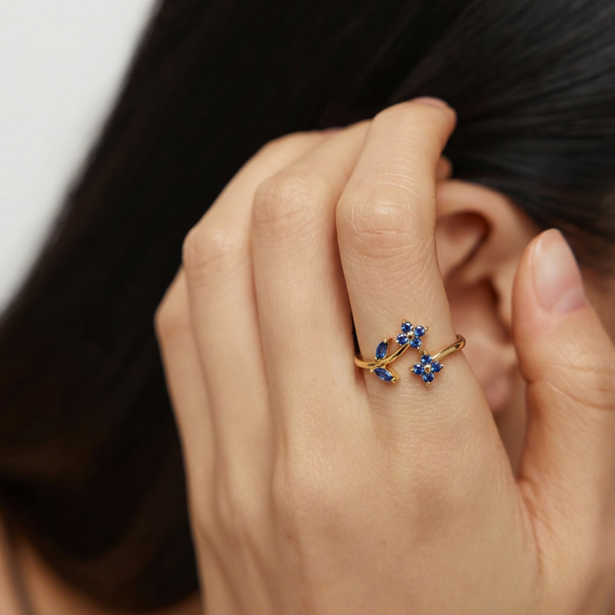 18K Gold-Plated Blue CZ Floral Open Ring