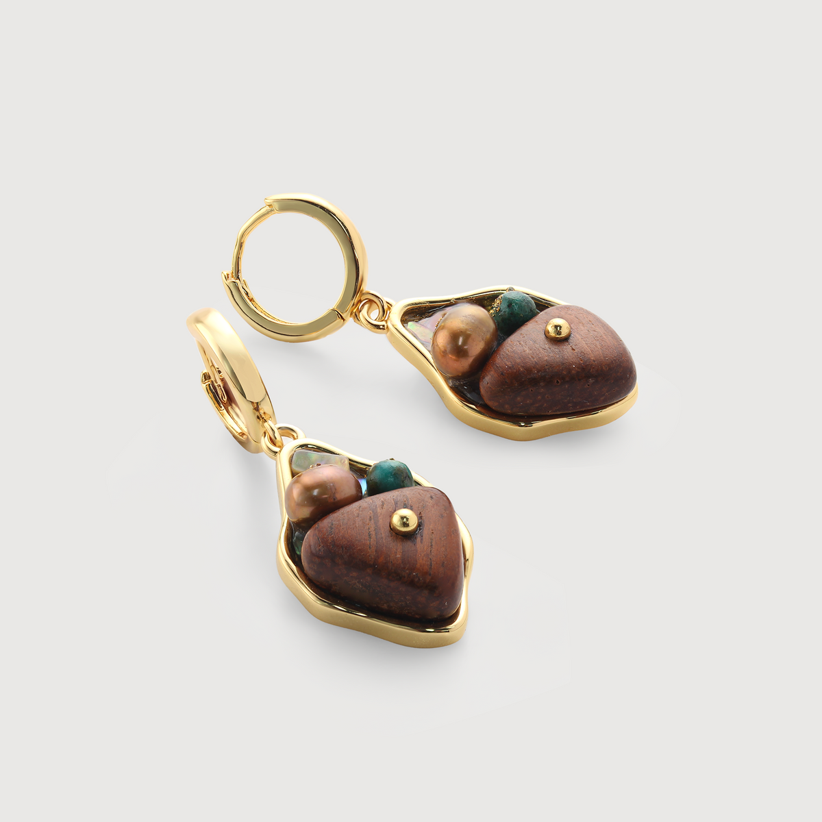 Tiger's Eye Wood & Pearl Drop Hoop Earrings