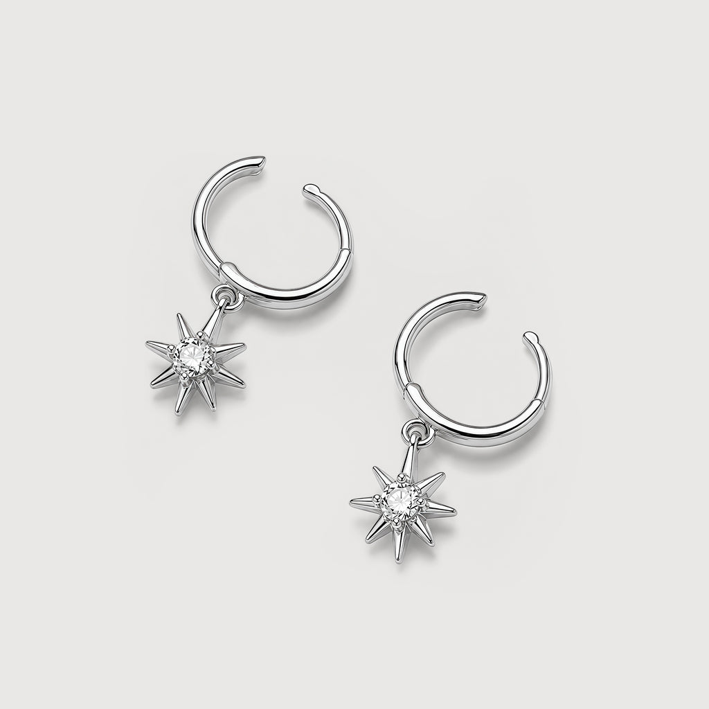 CZ Starburst Drop Huggie Hoop Earrings