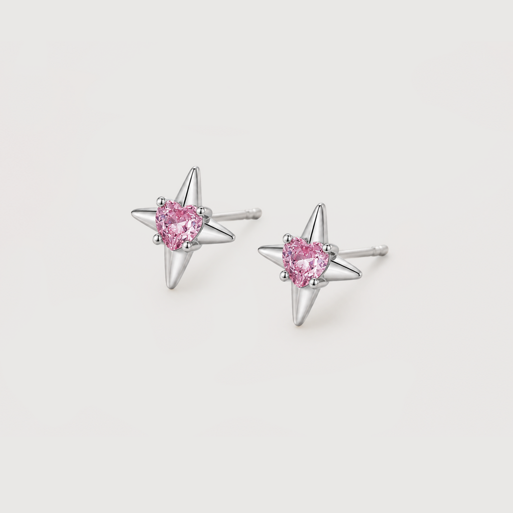 Pink Heart Starburst Zircon Stud Earrings
