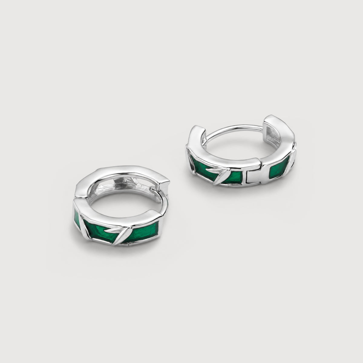 S925 Bamboo Leaf Hoop Earrings with Green Accents