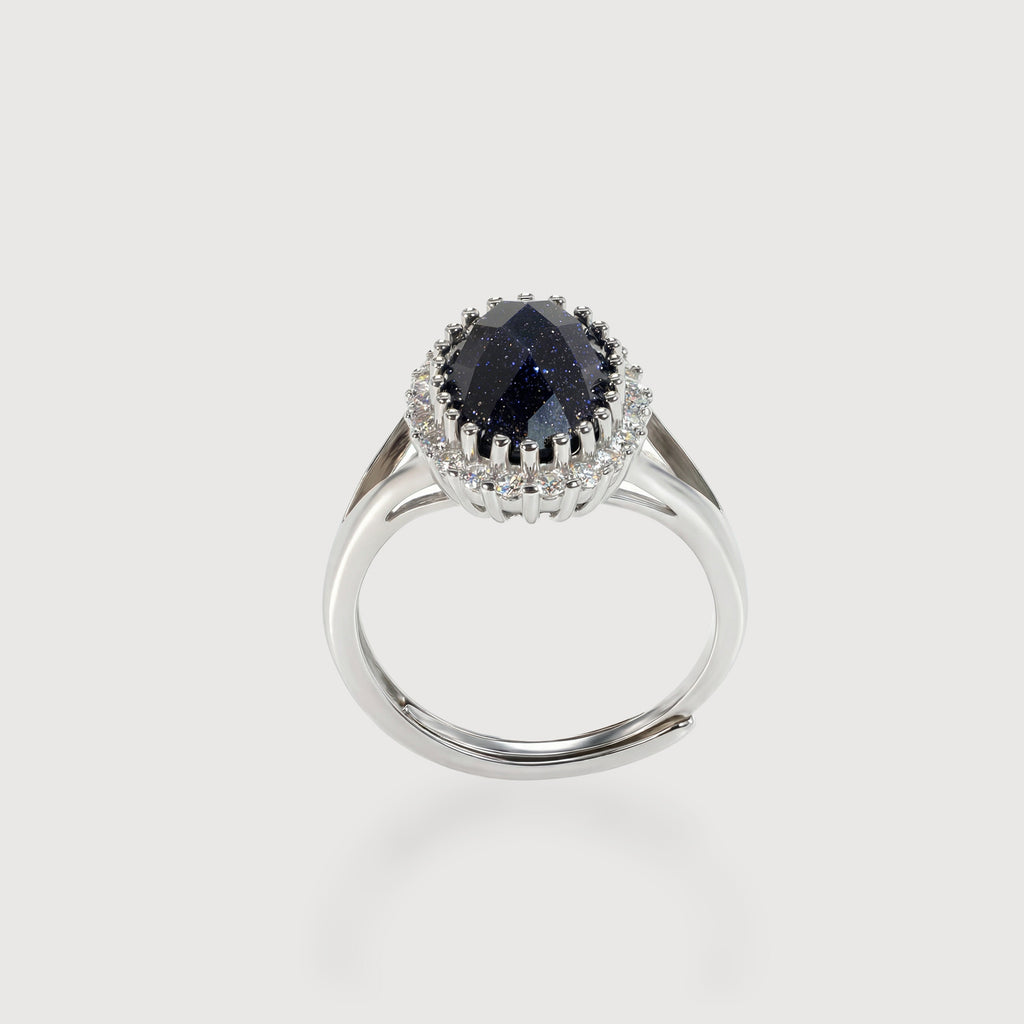 S925 Dark Blue Oval Zircon Halo Ring