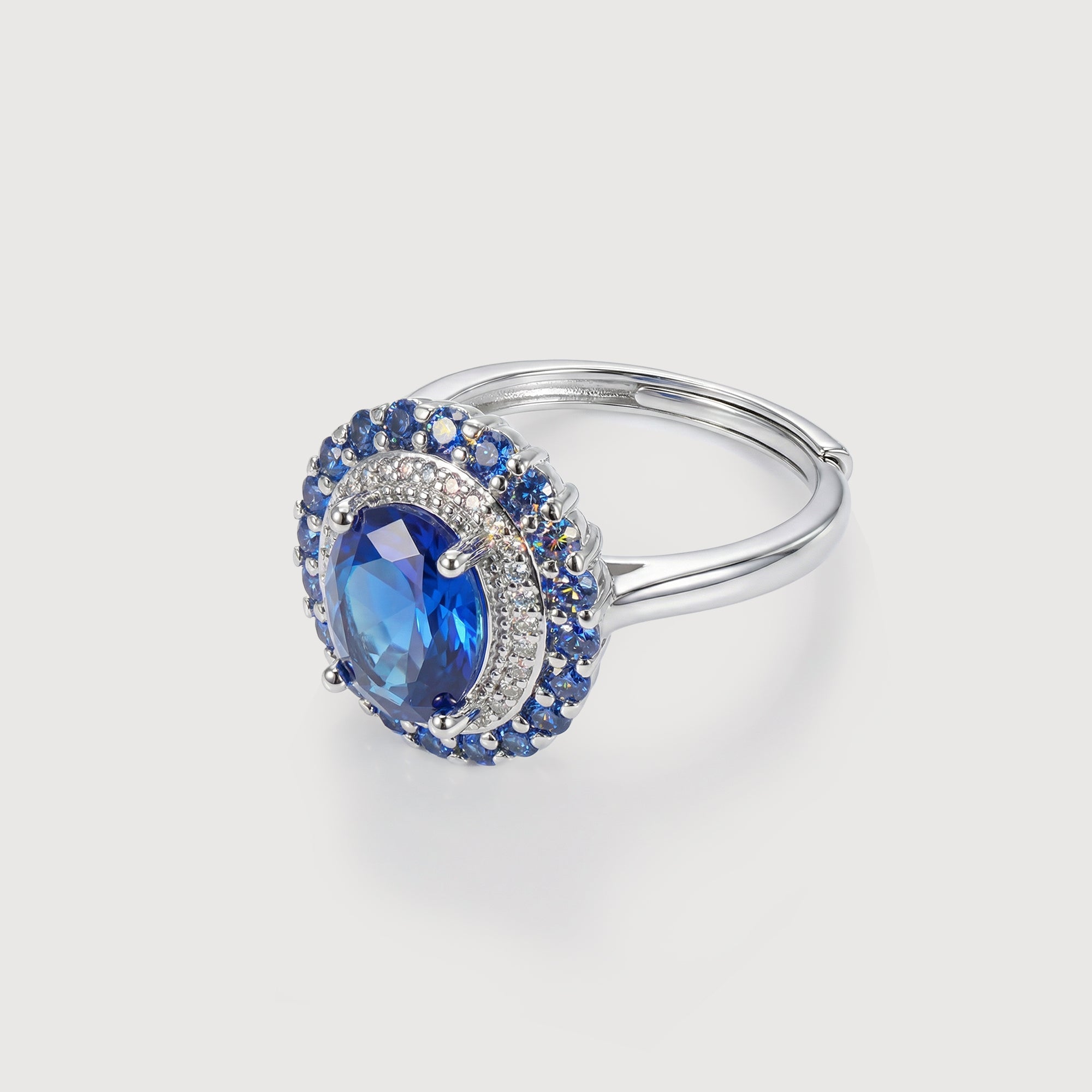 Silver-Tone Blue Zircon Halo Adjustable Ring