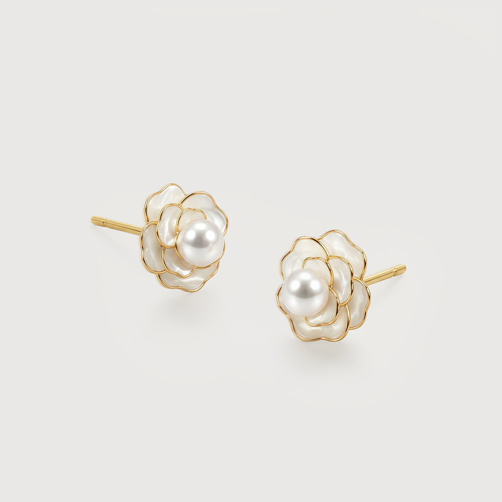 Pearl Floral Gold-Plated Copper Stud Earrings