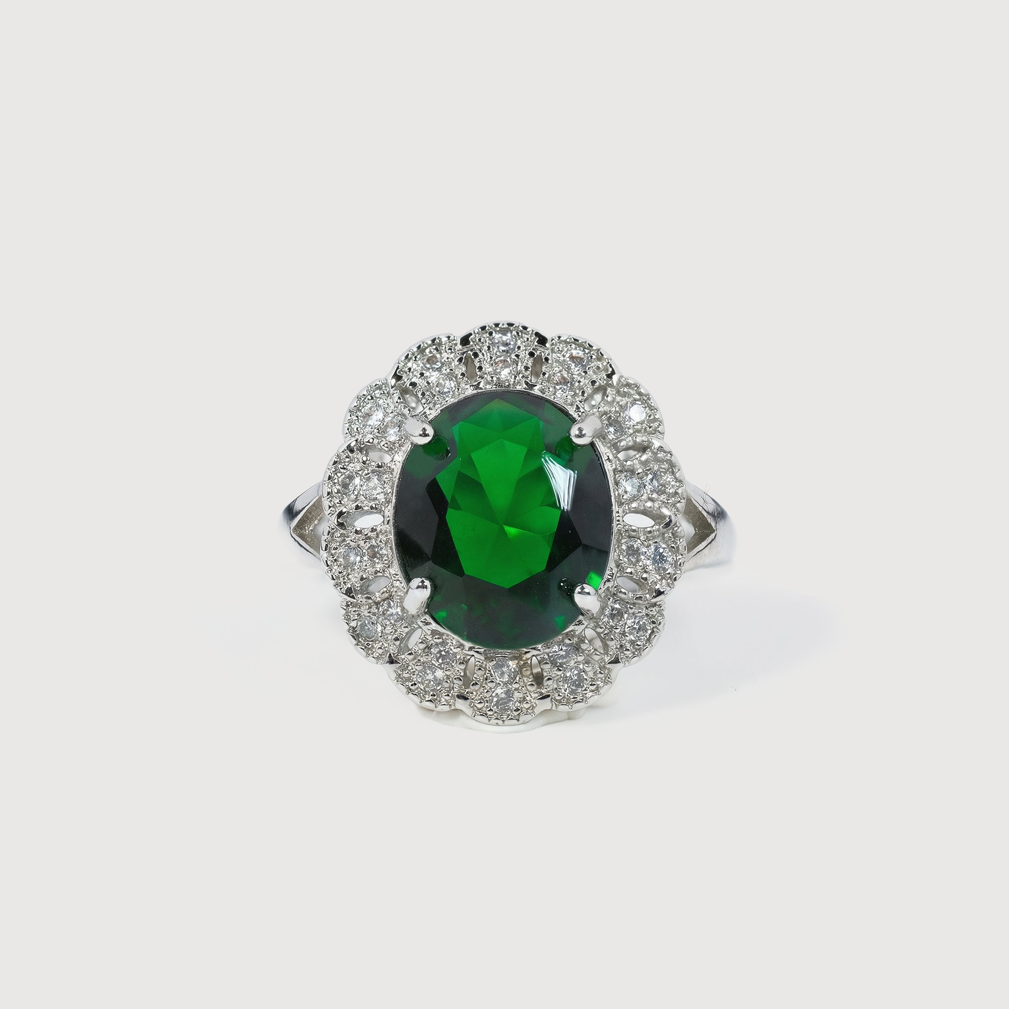 Silver-Tone Green Zircon Halo Copper Ring