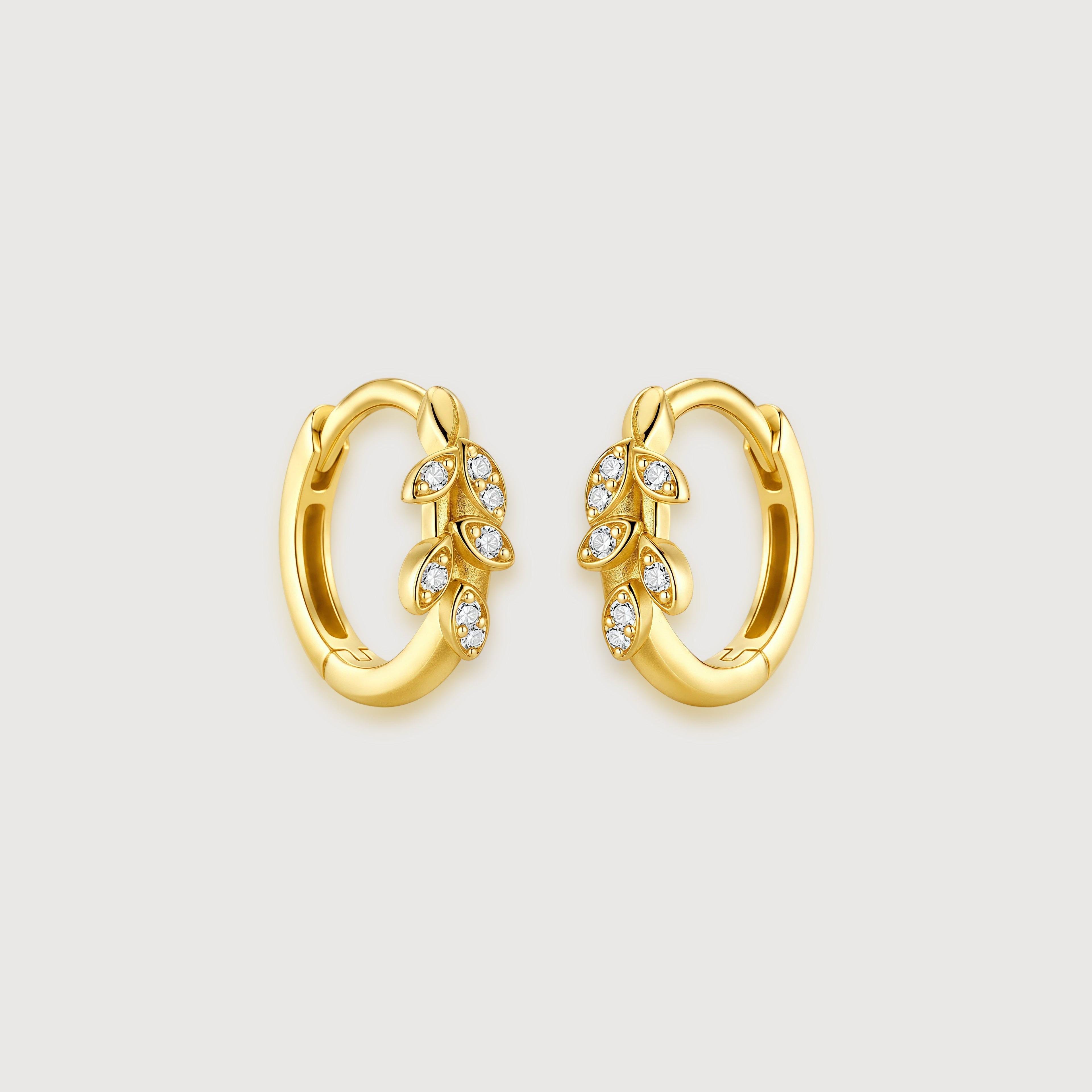 S925 Silver Zircon Leaf Huggie Hoop Earrings