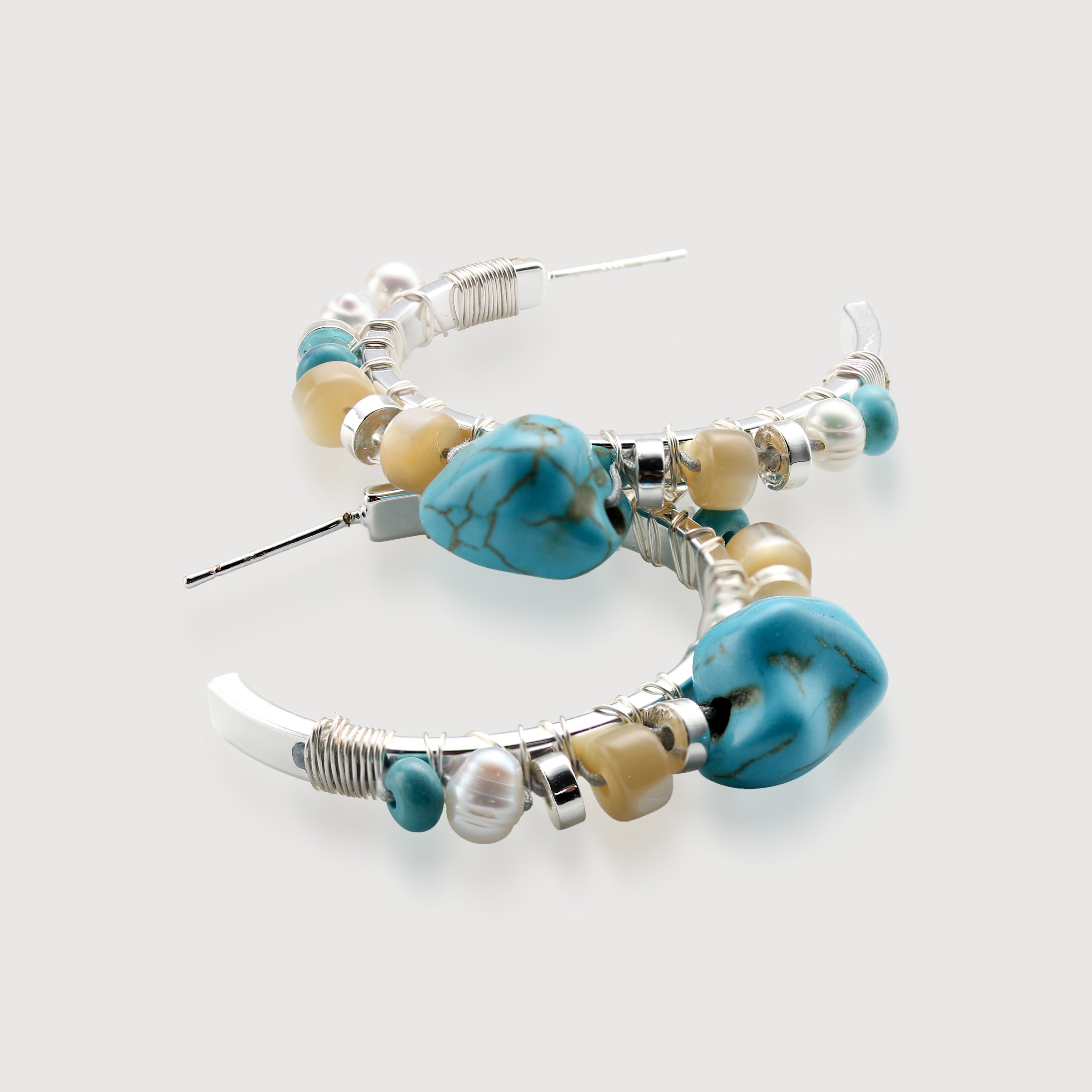 Turquoise Pearl Mixed-Bead Hoop Earrings