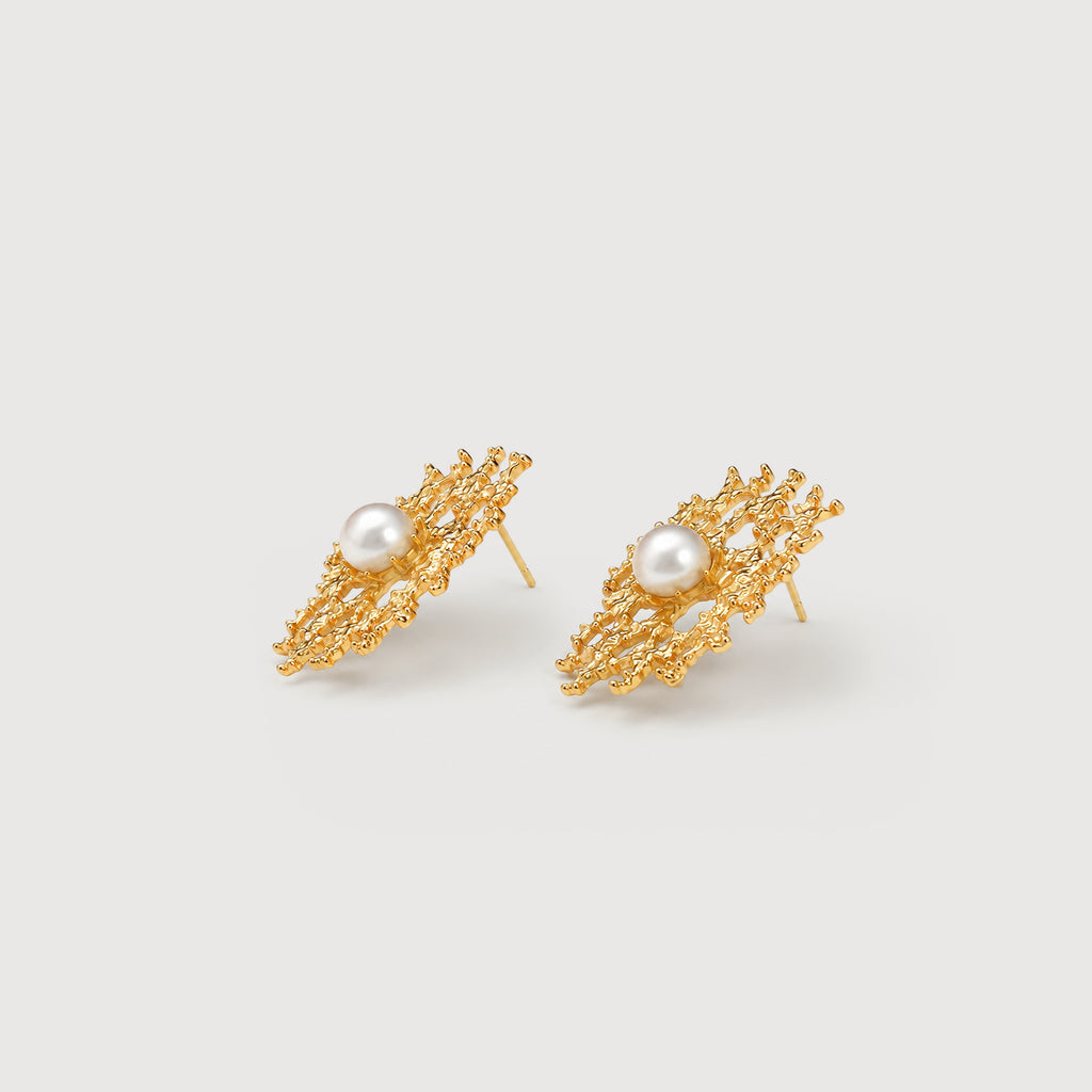 Coral Branch Pearl Statement Stud Earrings