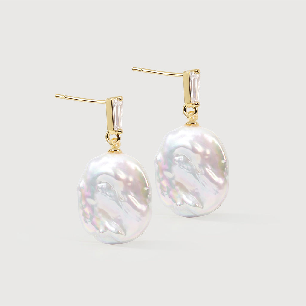 Baguette Accent Baroque Pearl Drop Earrings