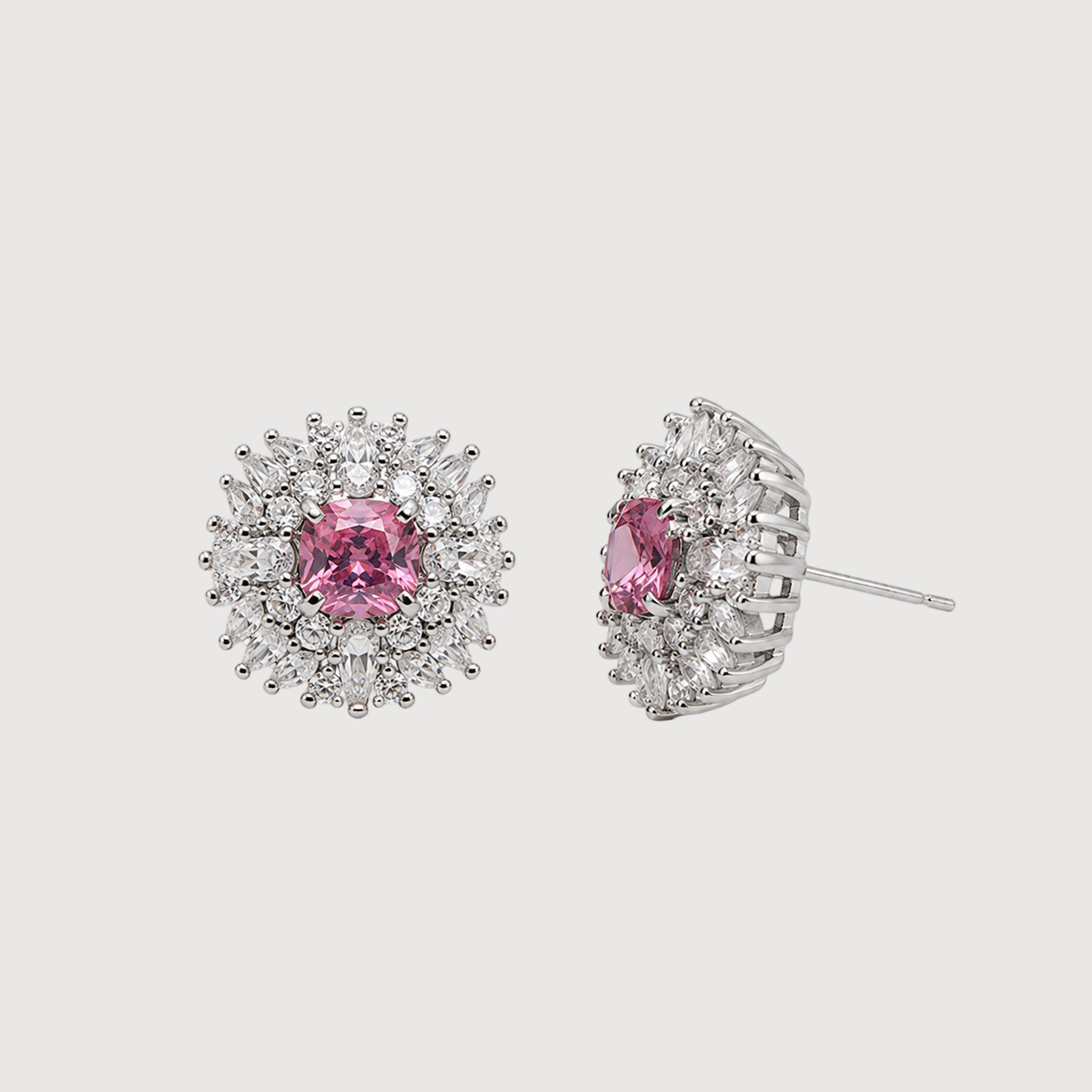Pink Cushion Halo Zircon Stud Earrings