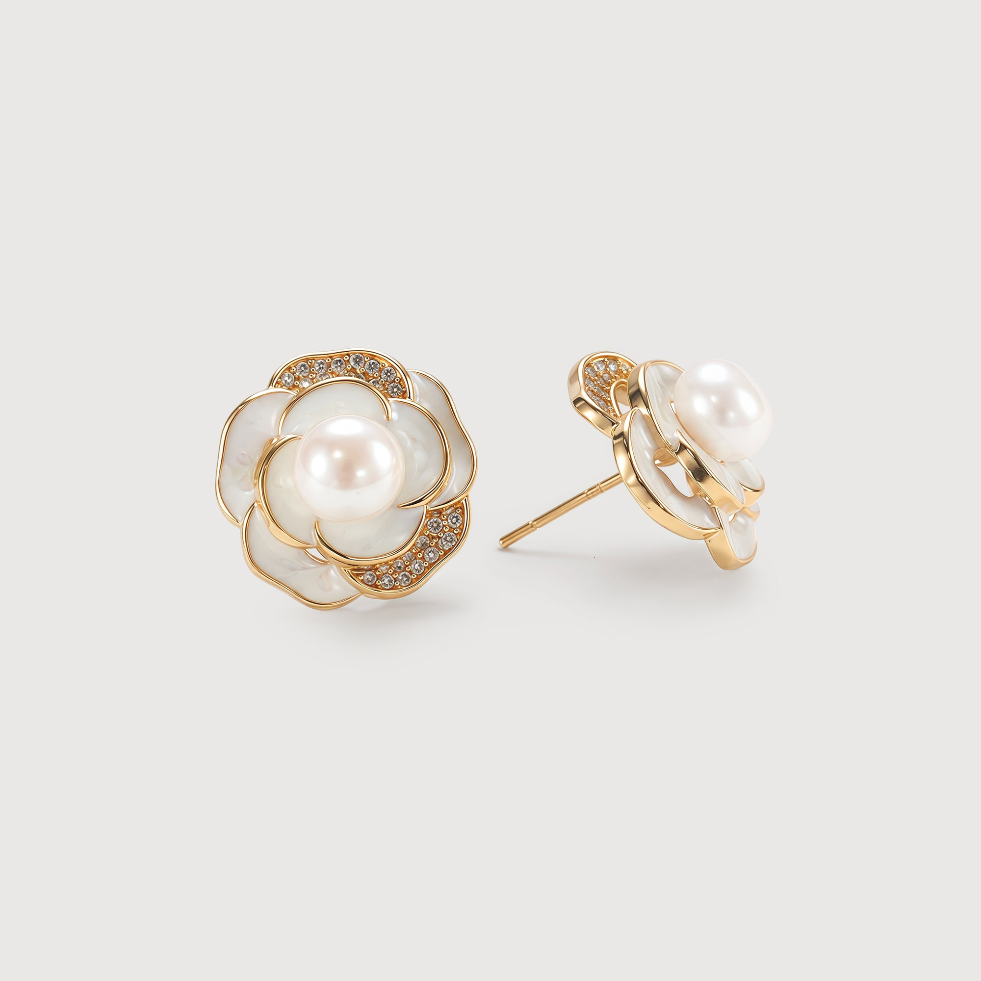 Gold-Plated Pearl Floral Stud Earrings
