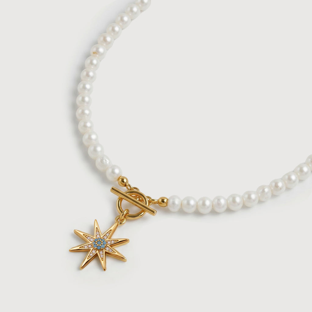 Gold-Plated Blue Starburst Pearl-Bead Necklace