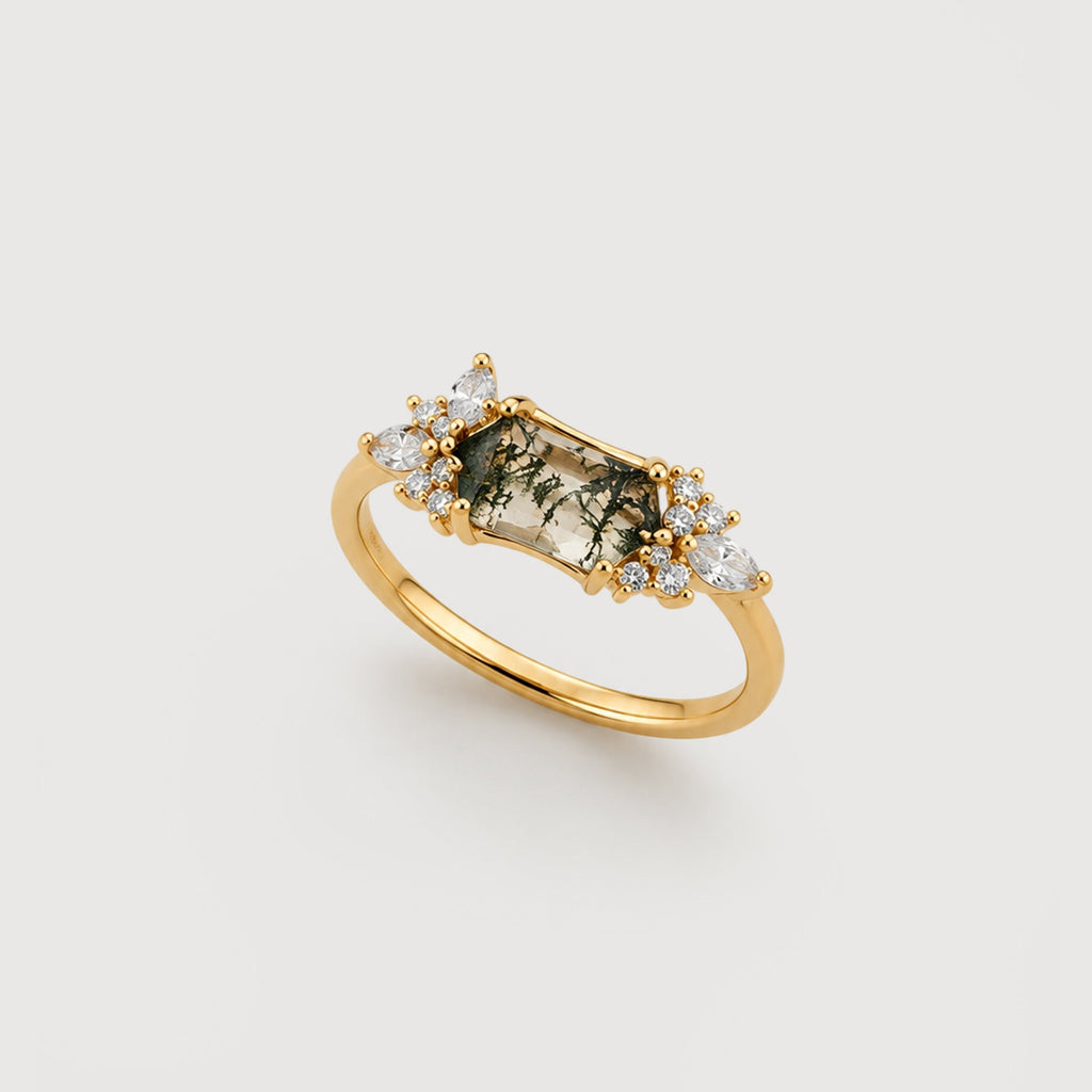Gold-Plated S925 Moss Agate Cluster Ring