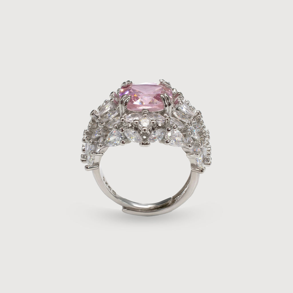 Silver-Tone Pink Cushion Zircon Halo Ring