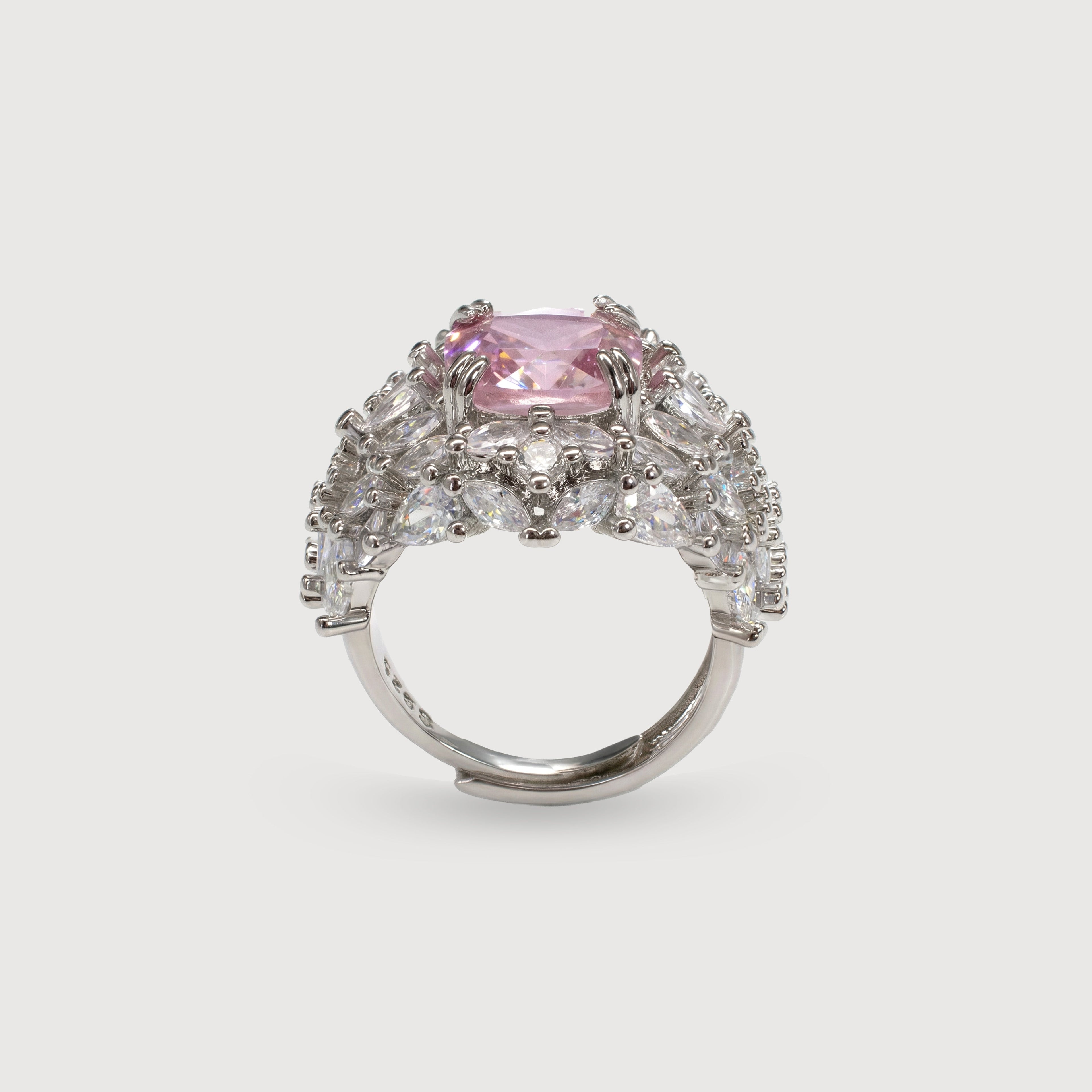 Silver-Tone Pink Cushion Zircon Halo Ring