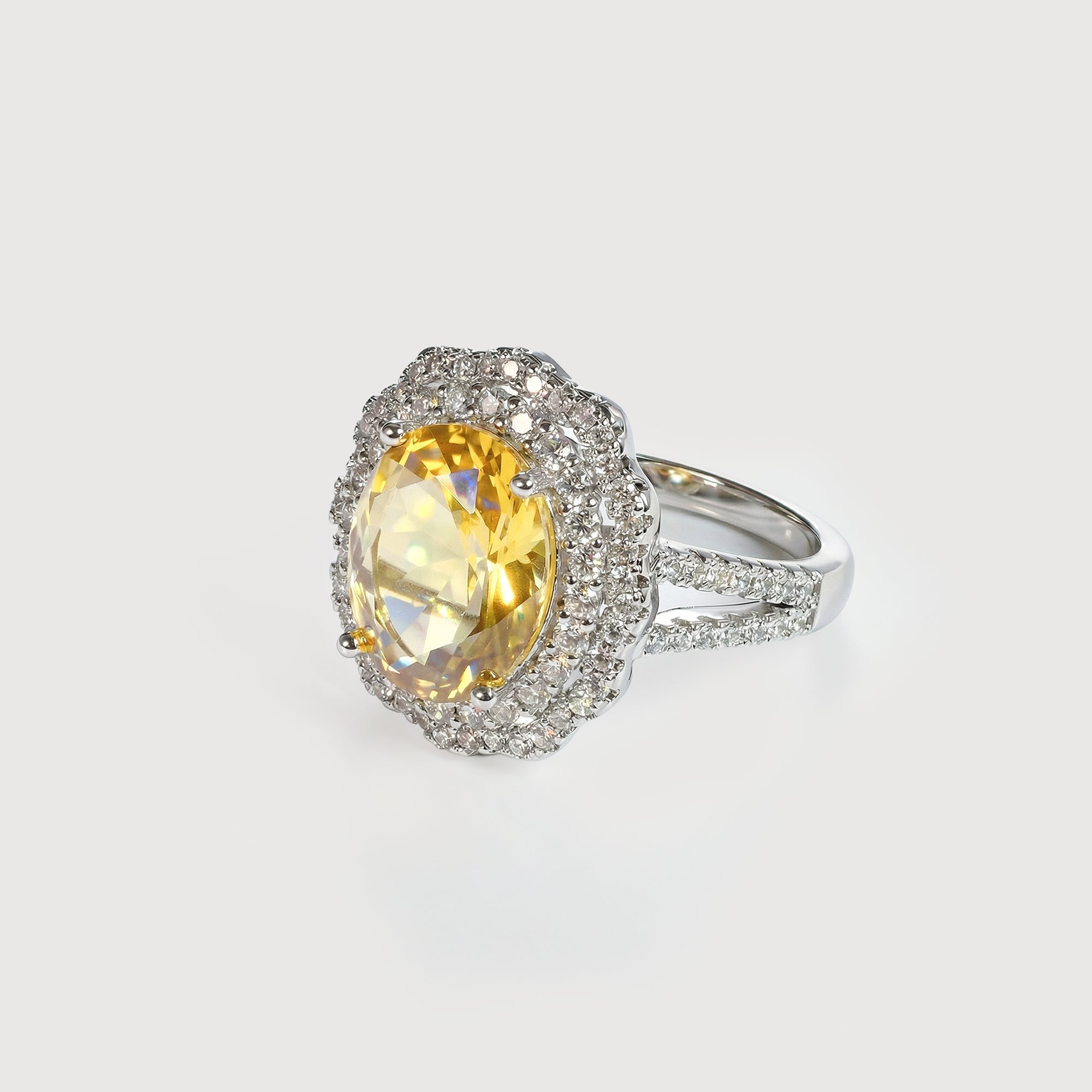 Silver-Tone Yellow Zircon Halo Copper Ring
