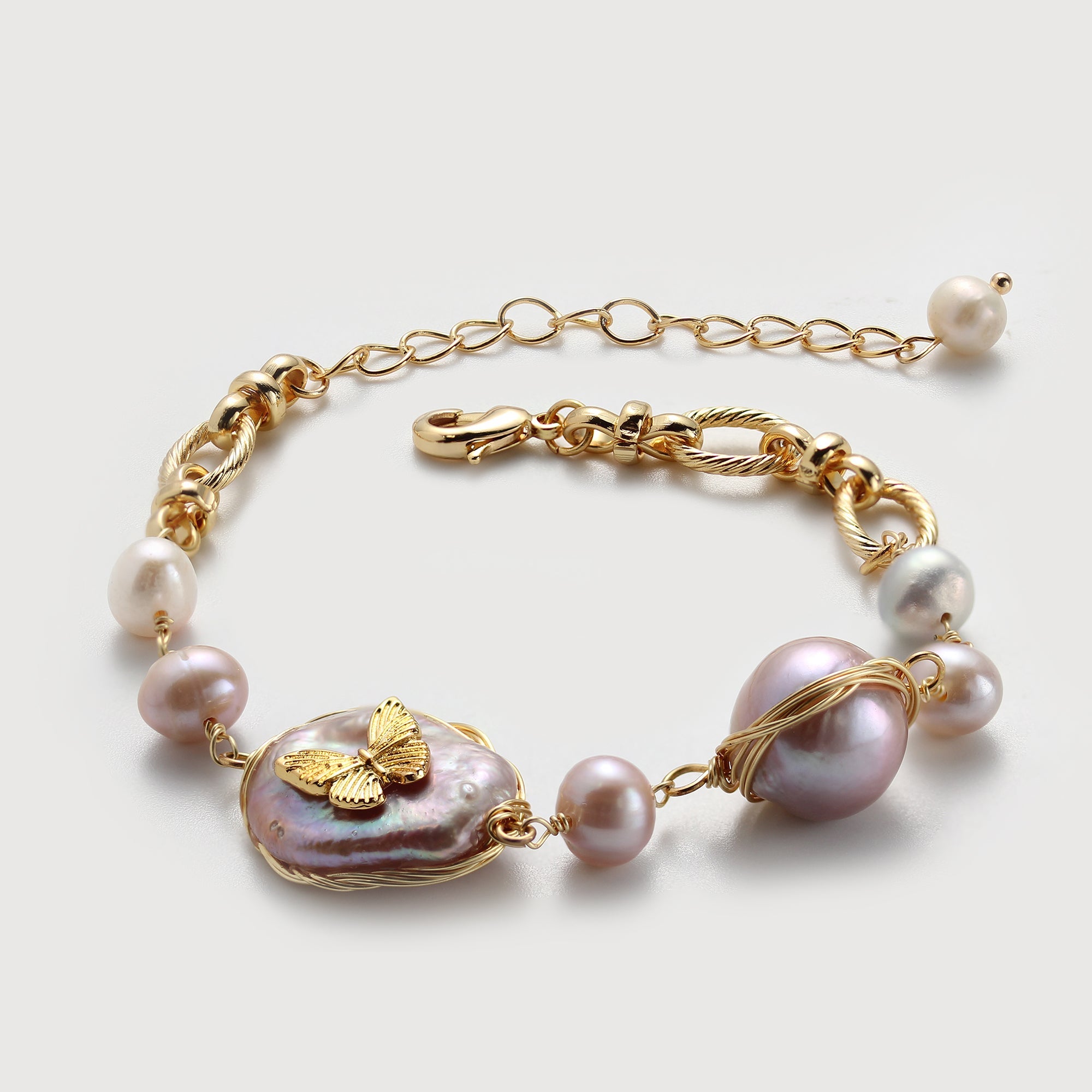 Gold-Plated Baroque Pearl Butterfly Bracelet