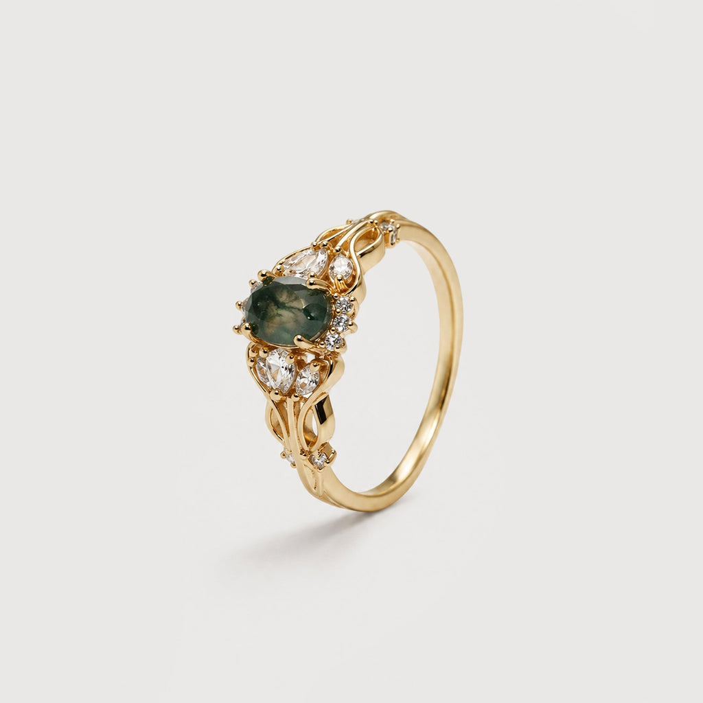 Natural Moss Agate Zircon S925 Silver Ring