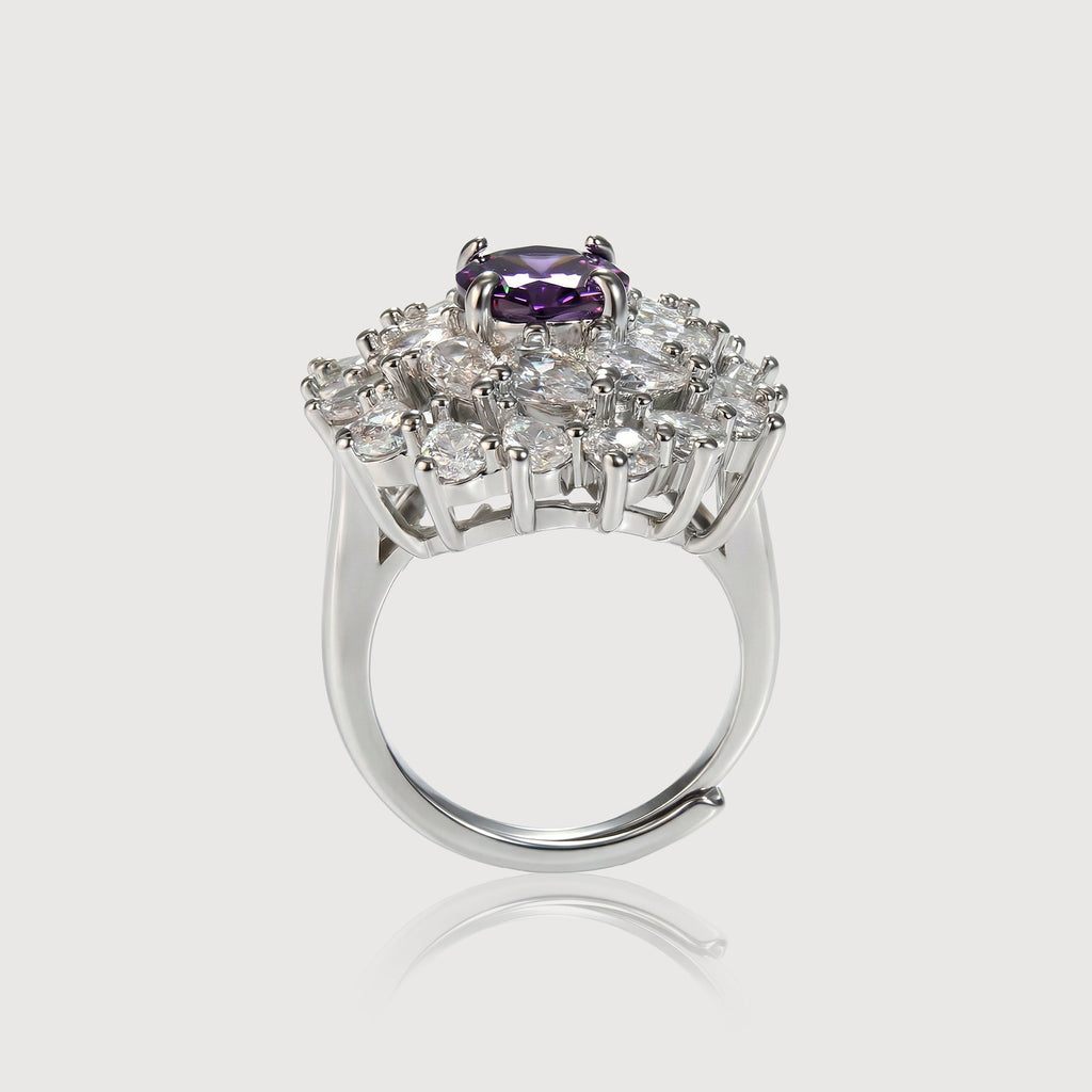 Silver-Tone Purple Zircon Floral Halo Ring