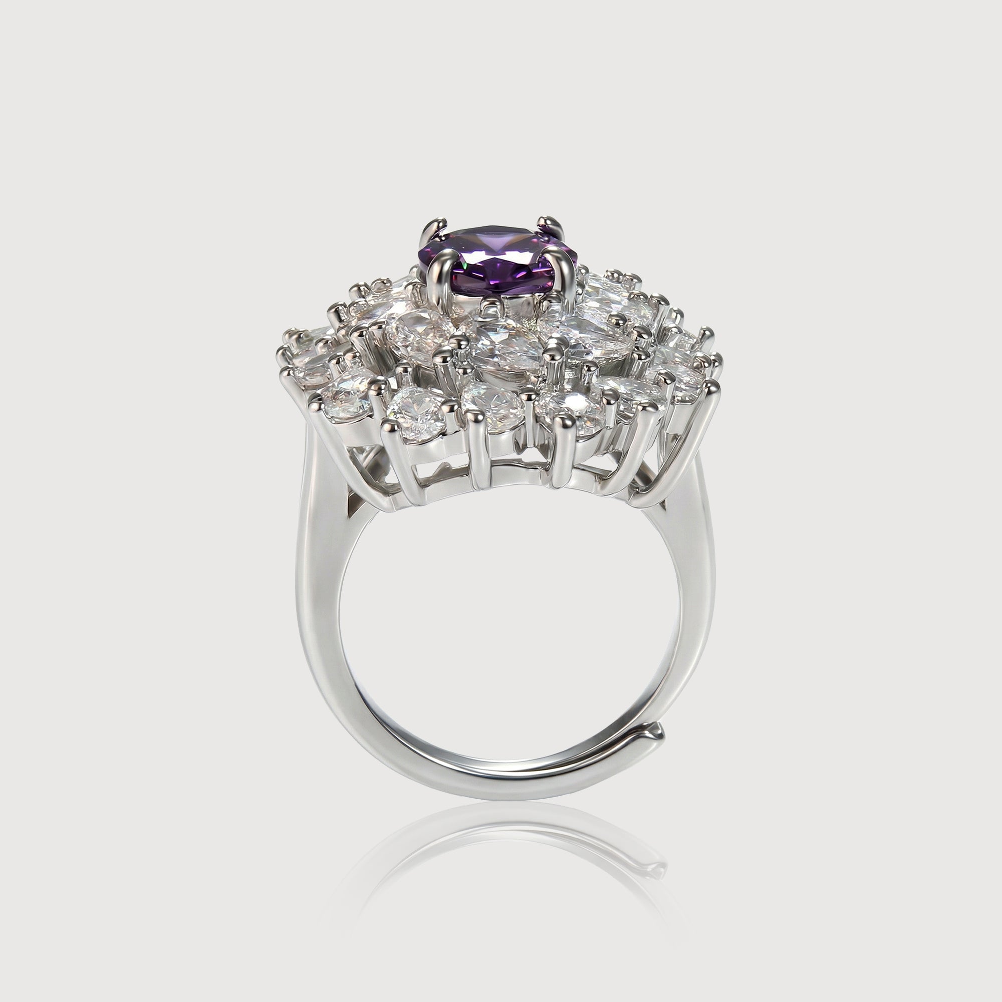 Silver-Tone Purple Zircon Floral Halo Ring