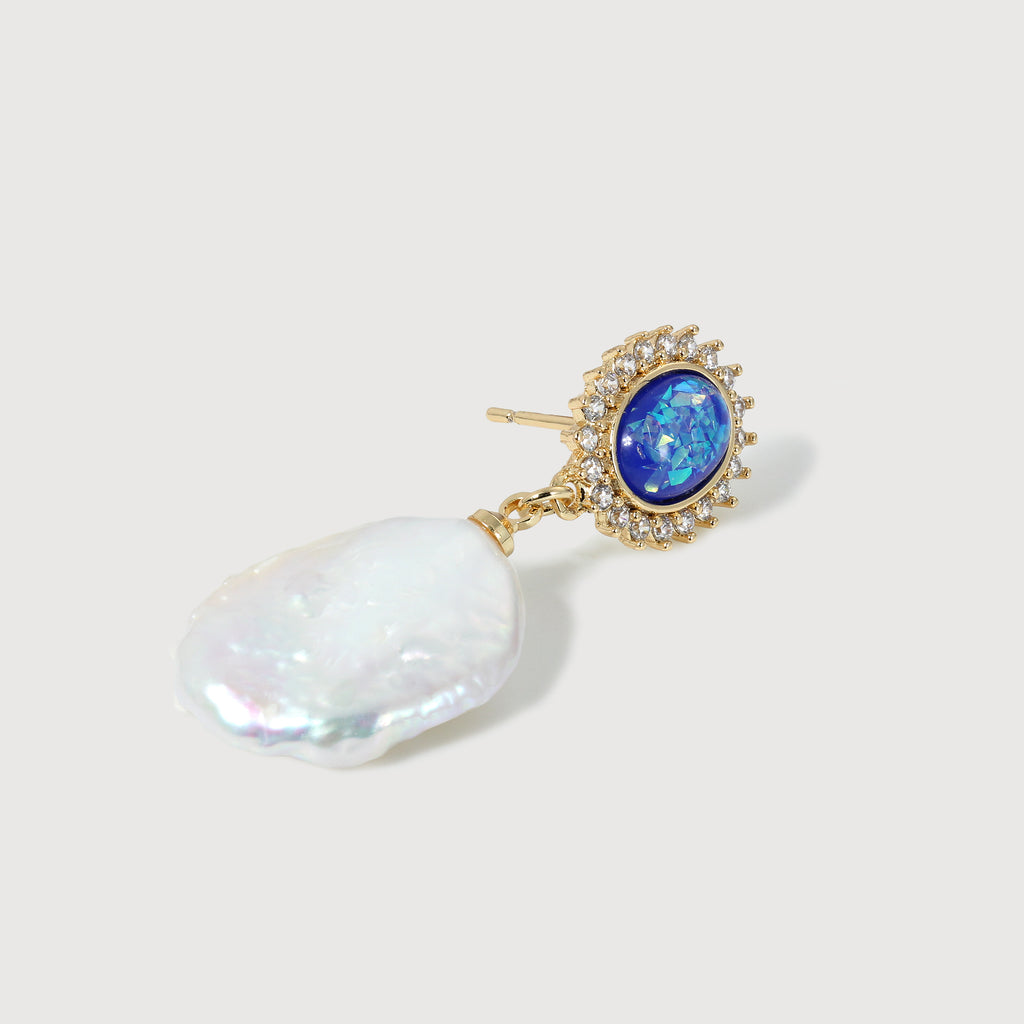 Blue Oval Zircon & Freshwater Pearl Drop Earrings