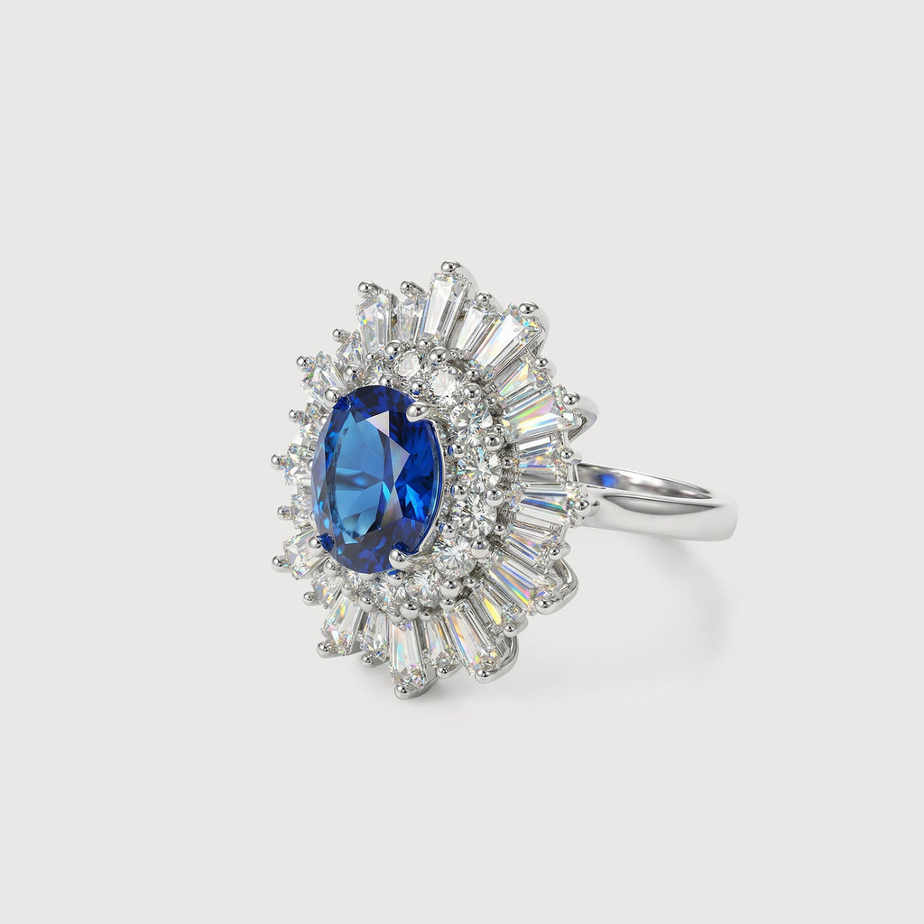 Silver-Tone Blue Zircon Radiant Halo Ring