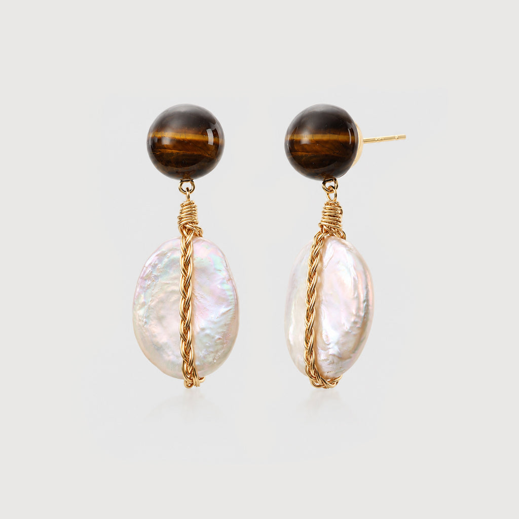 S925 Tiger Eye & Baroque Pearl Drop Earrings