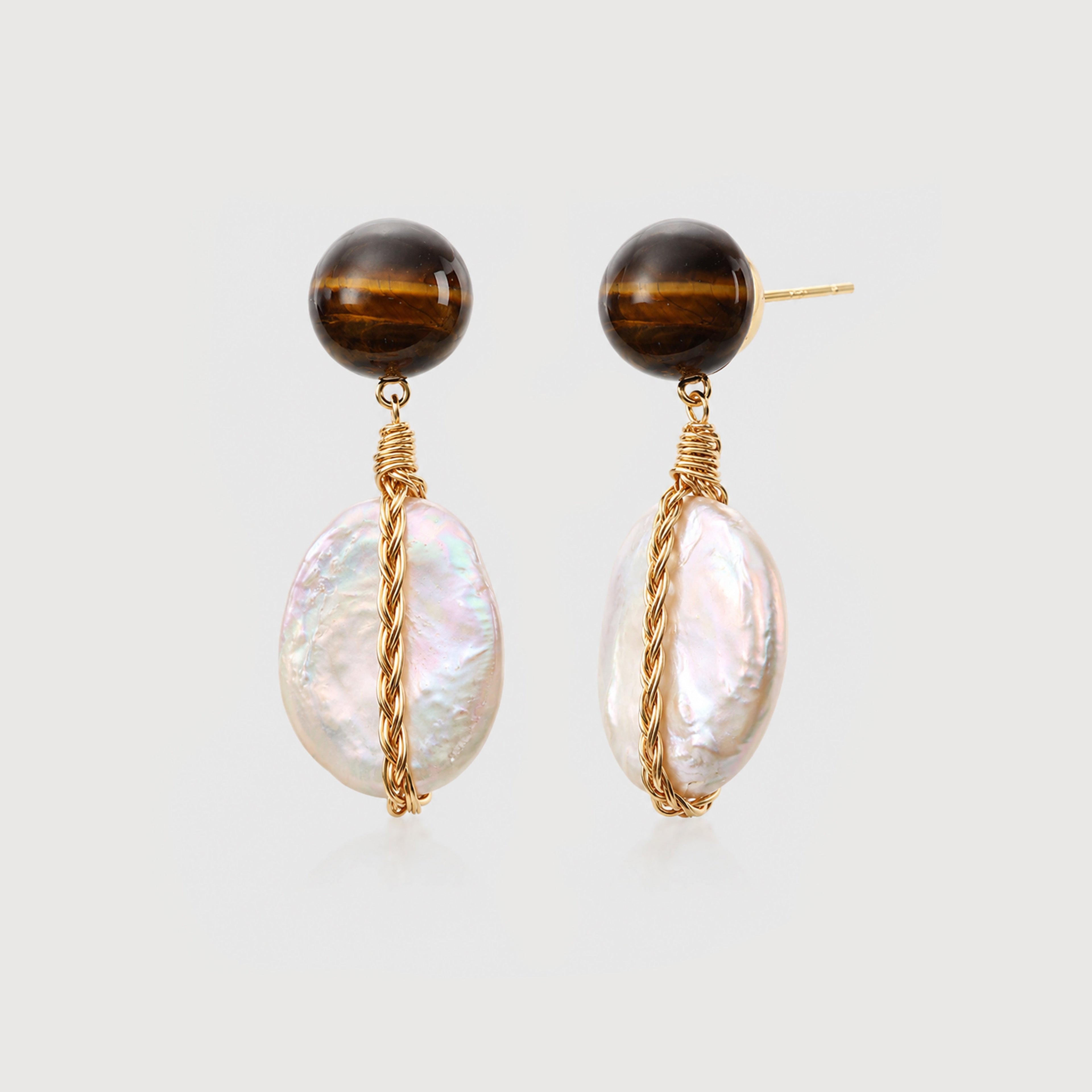 S925 Tiger Eye & Baroque Pearl Drop Earrings