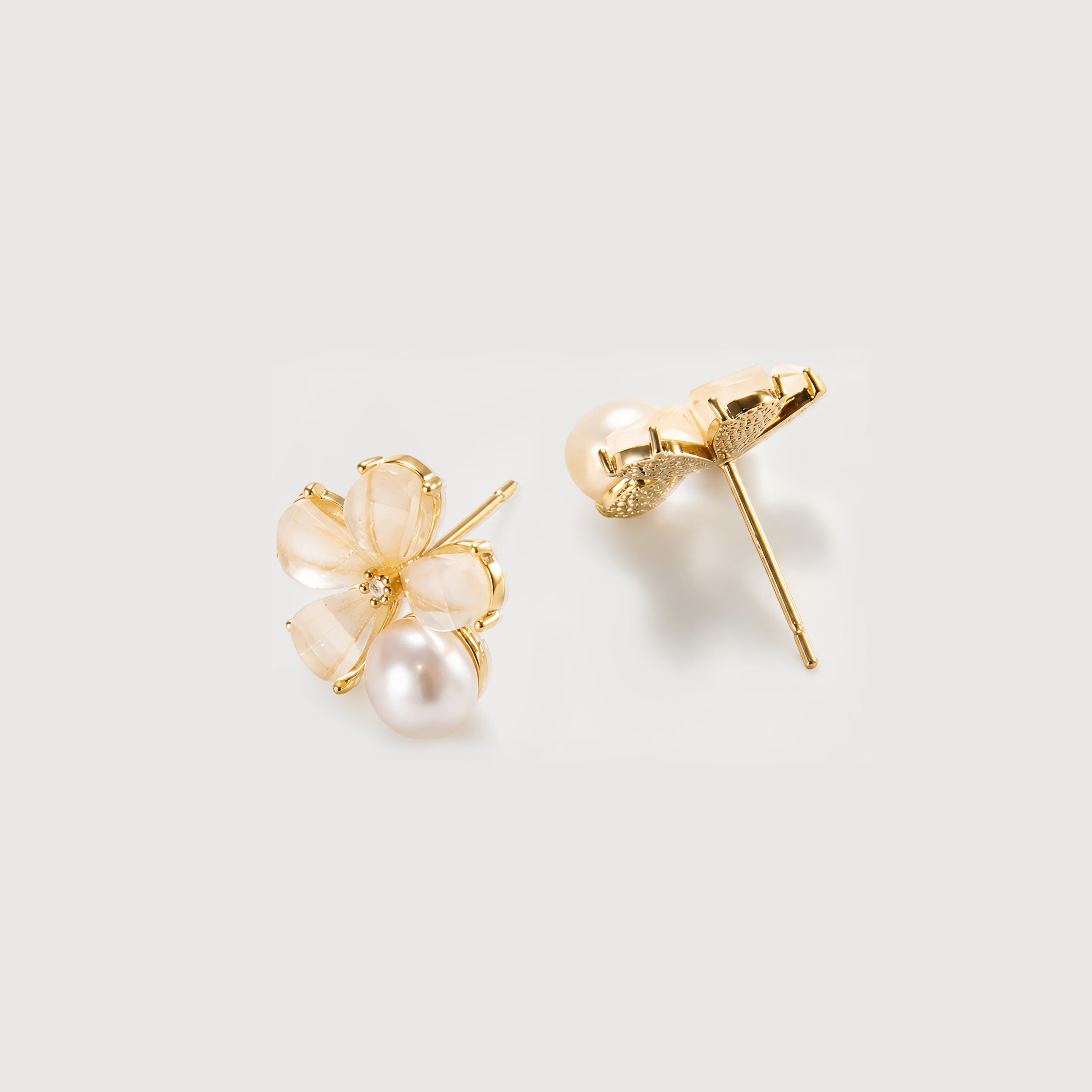 Gold-Plated Pearl Flower Stud Earrings