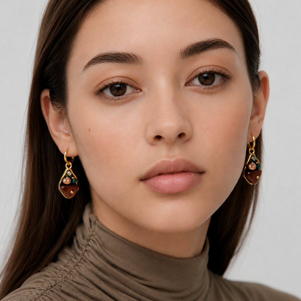 Tiger's Eye Wood & Pearl Drop Hoop Earrings