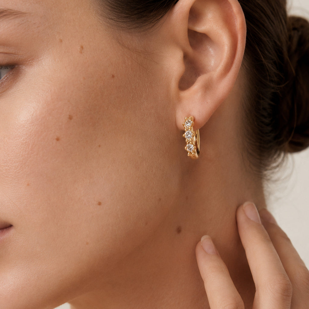 Triple Zircon Floral Huggie Hoop Earrings