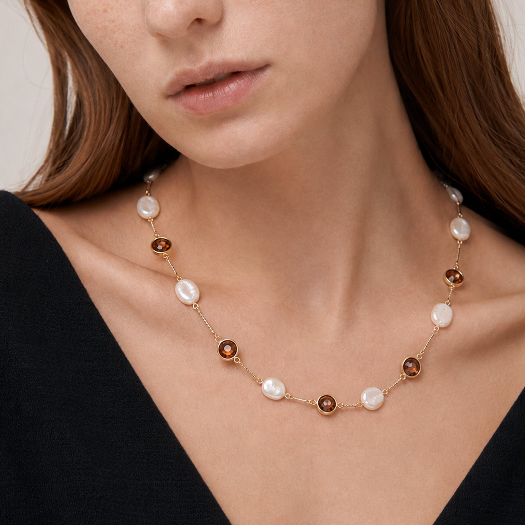Gold-Plated Shell & Amber Crystal Necklace