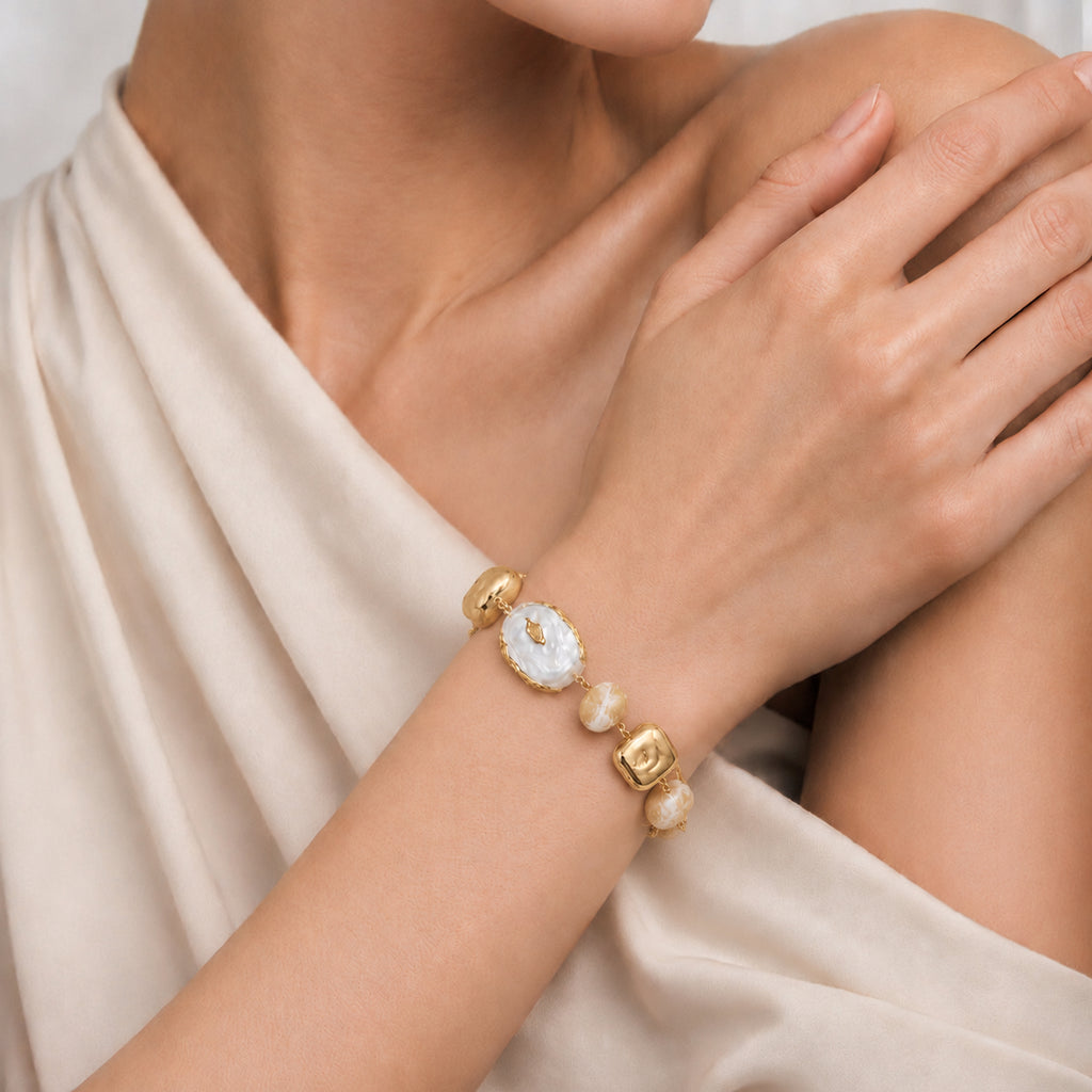 18K Gold-Plated Pearl and Mother-of-Pearl Bracelet