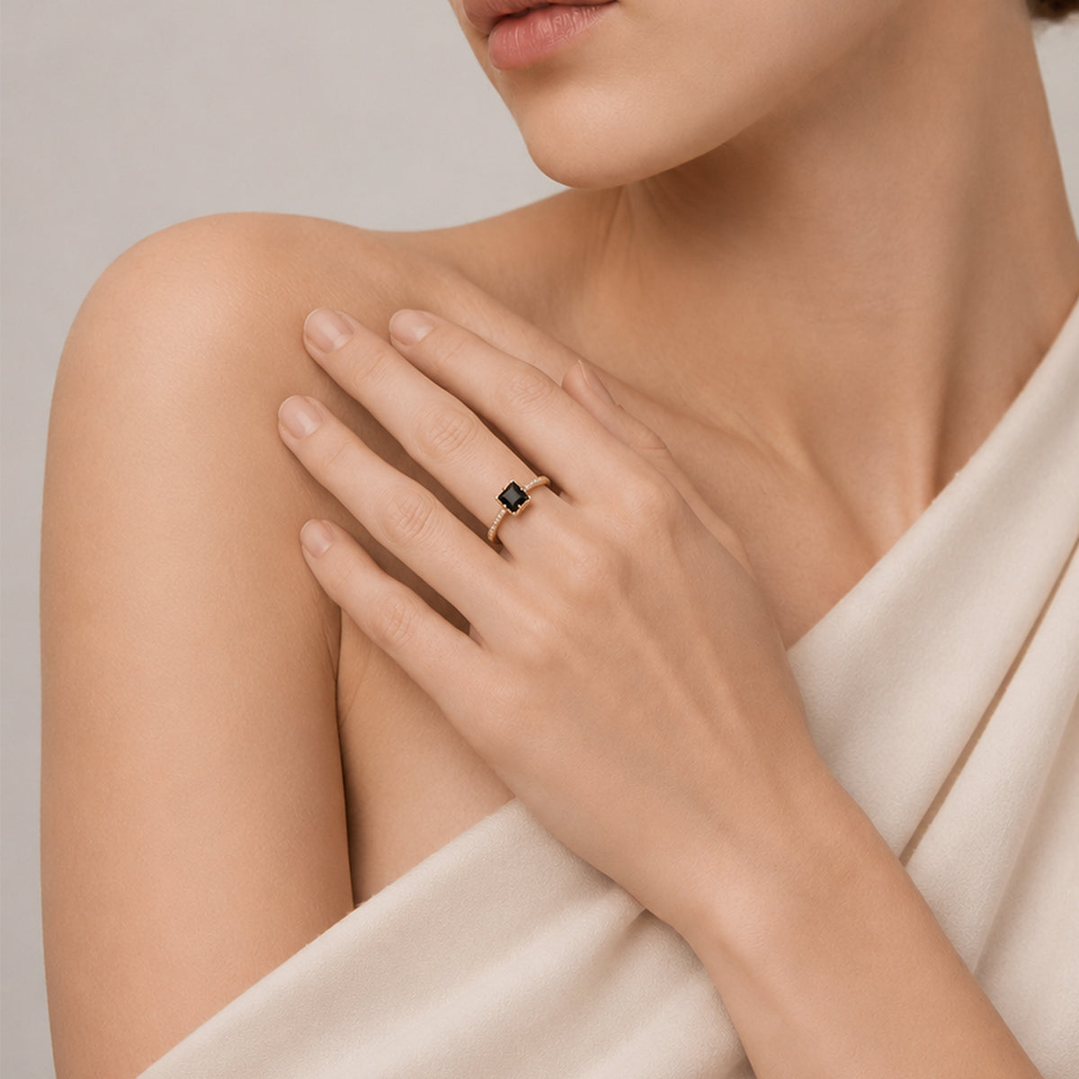 18K Gold-Plated S925 Black Onyx Square Ring