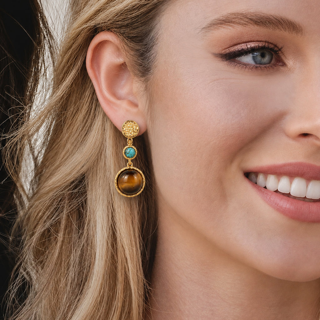 Gold-Plated Tiger's Eye & Turquoise Drop Earrings