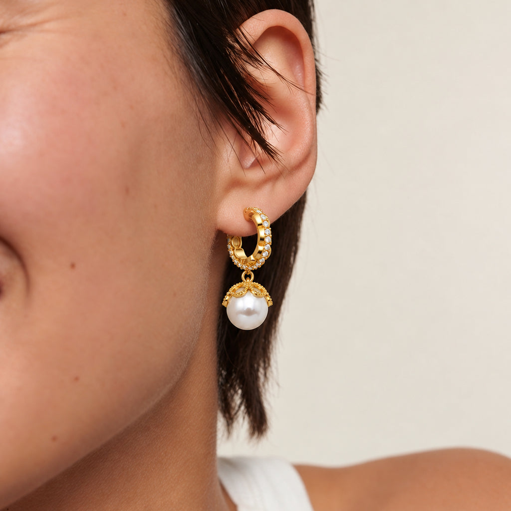 Ornate Hoop Pearl Drop Earrings