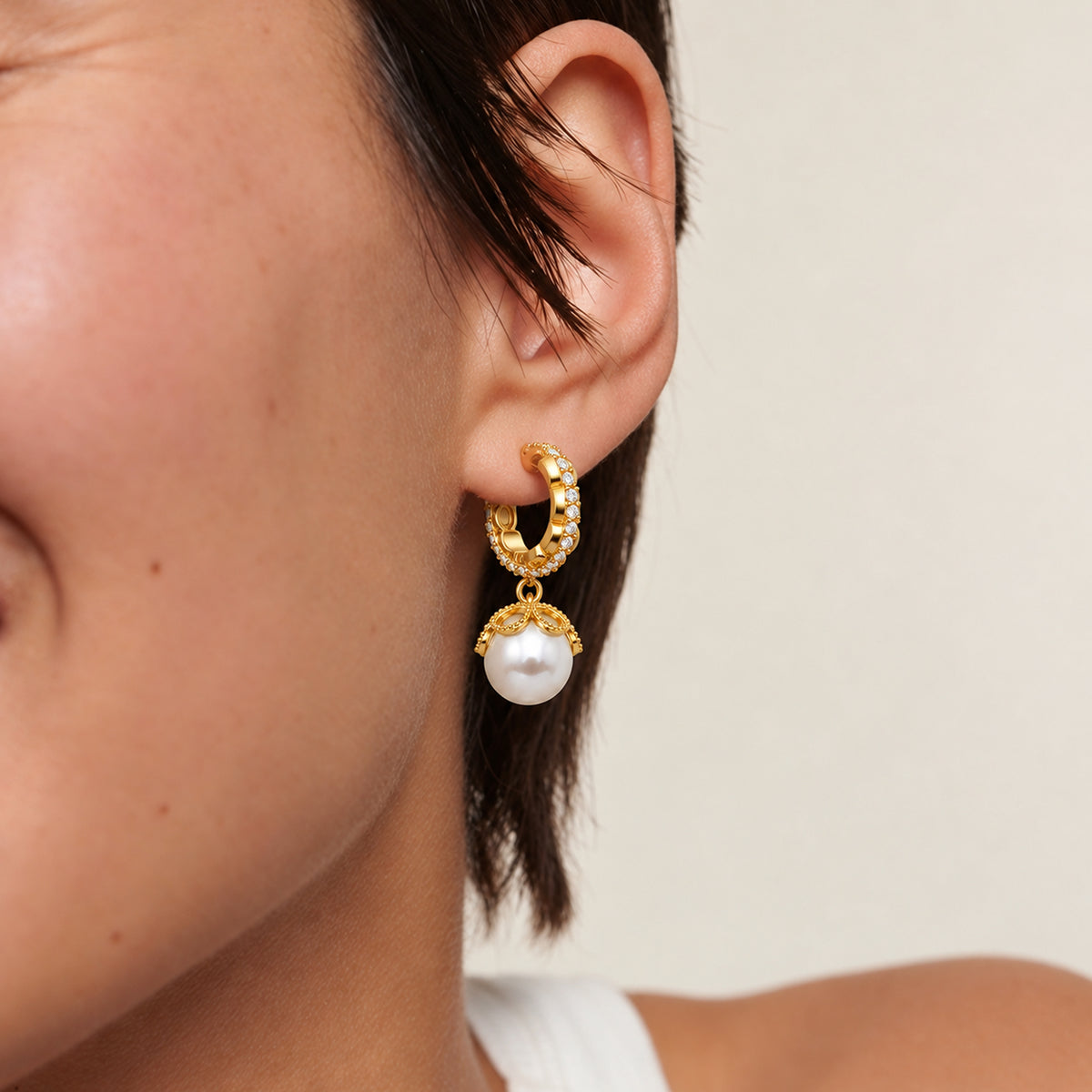Ornate Hoop Pearl Drop Earrings