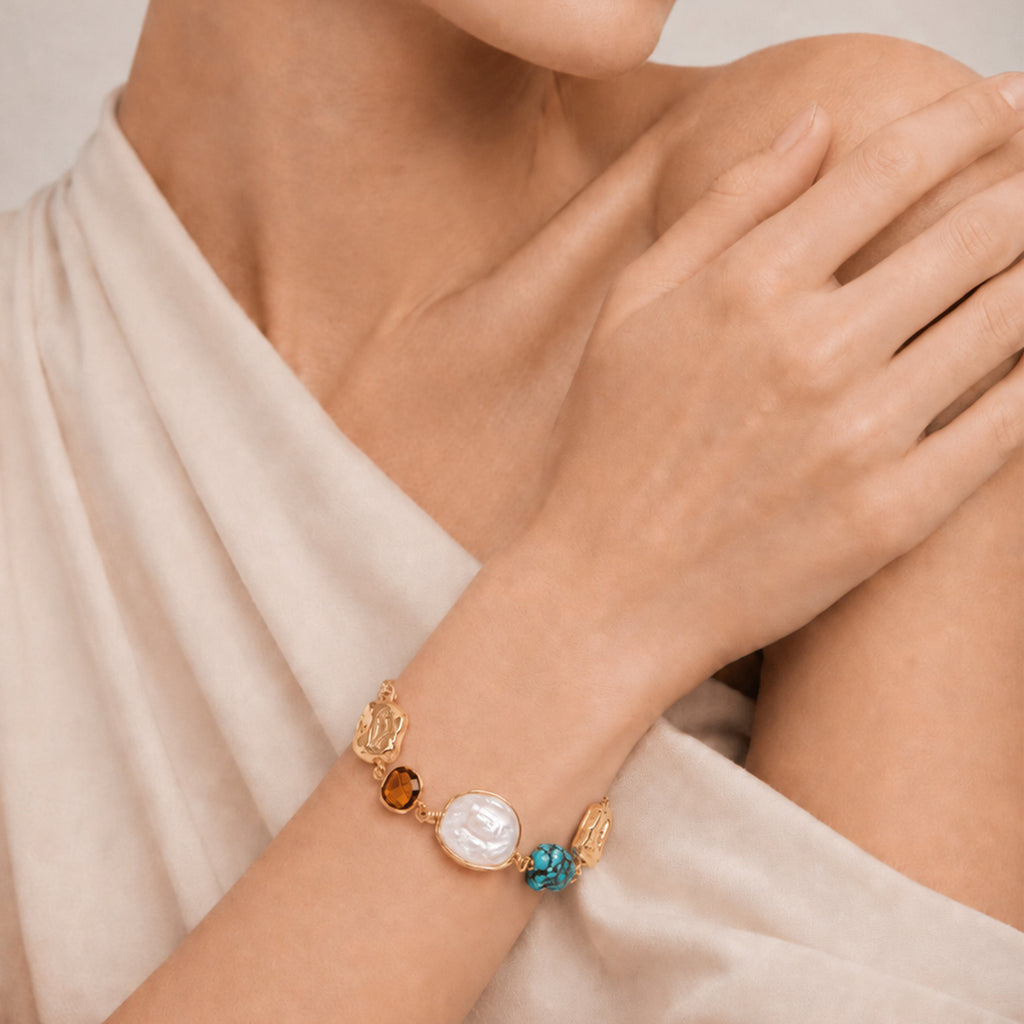 18K Gold-Plated Pearl and Turquoise Bracelet