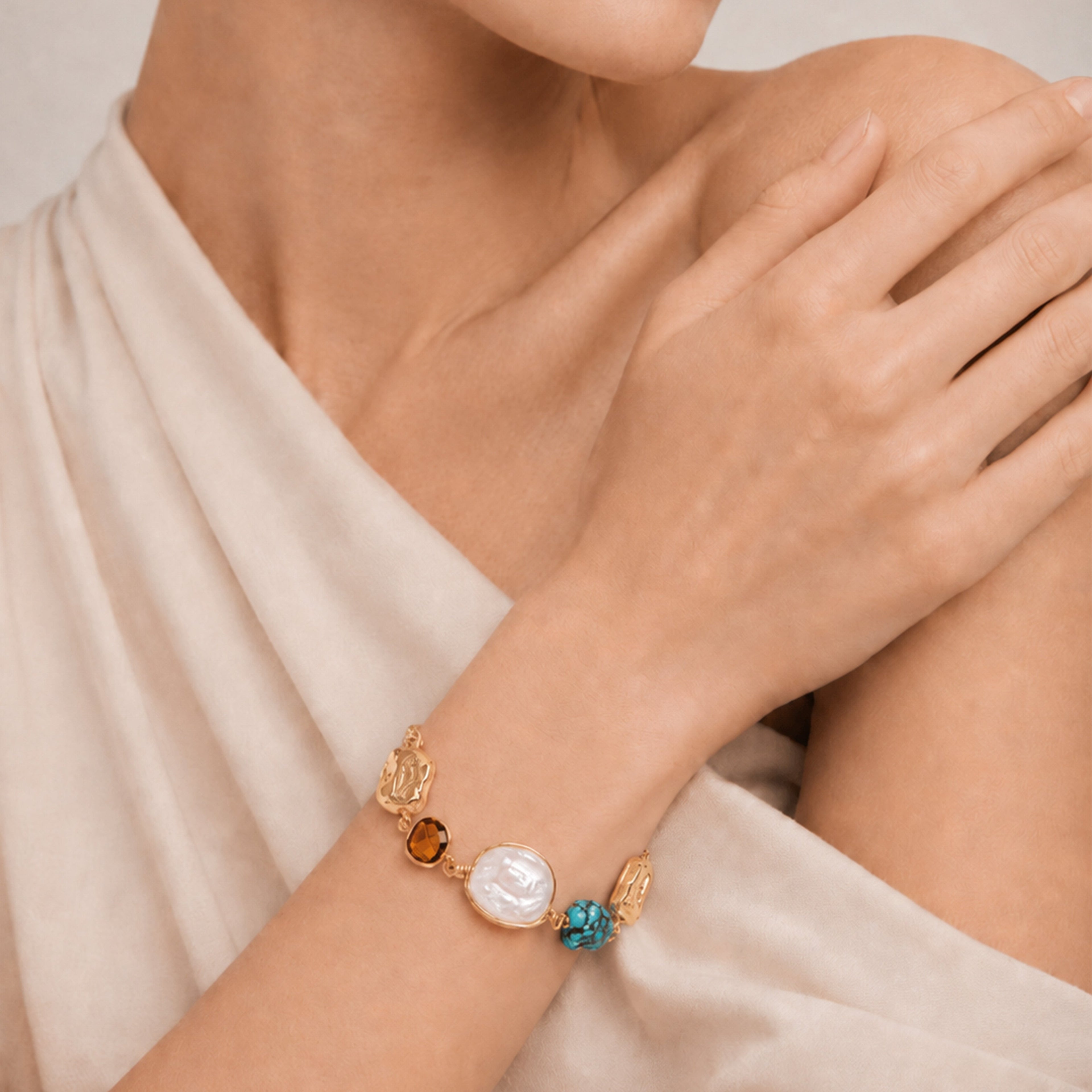 18K Gold-Plated Pearl and Turquoise Bracelet
