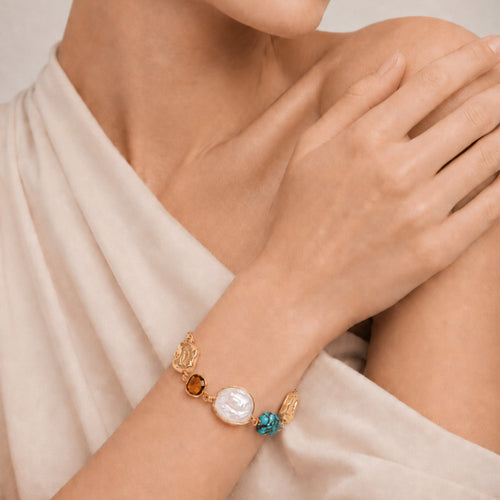 18K Gold-Plated Pearl and Turquoise Bracelet
