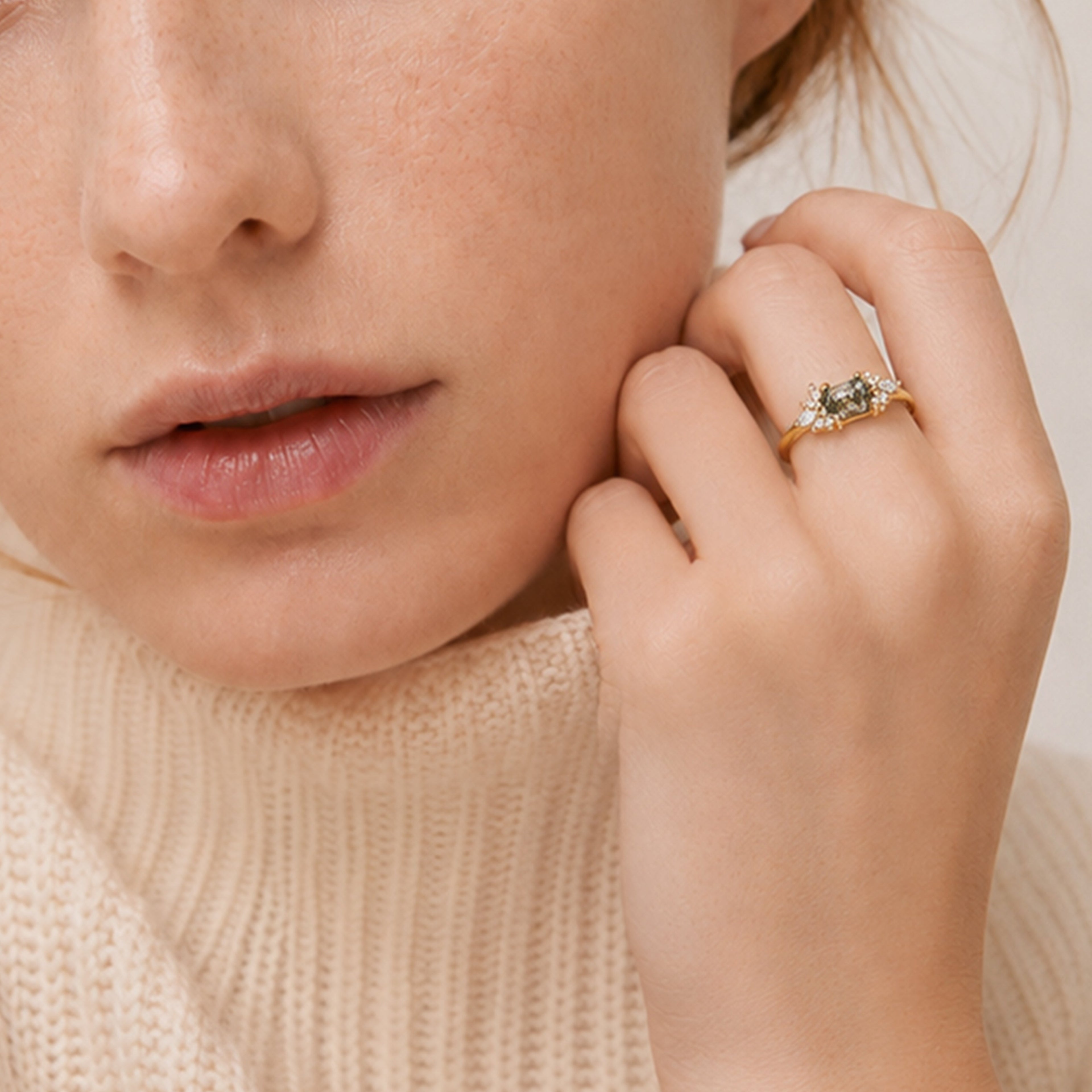 Gold-Plated S925 Moss Agate Cluster Ring