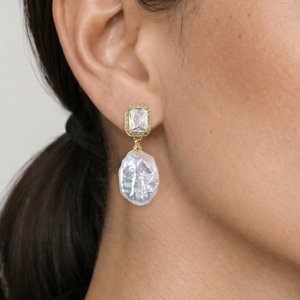 Rectangular Halo Pearl Drop Earrings